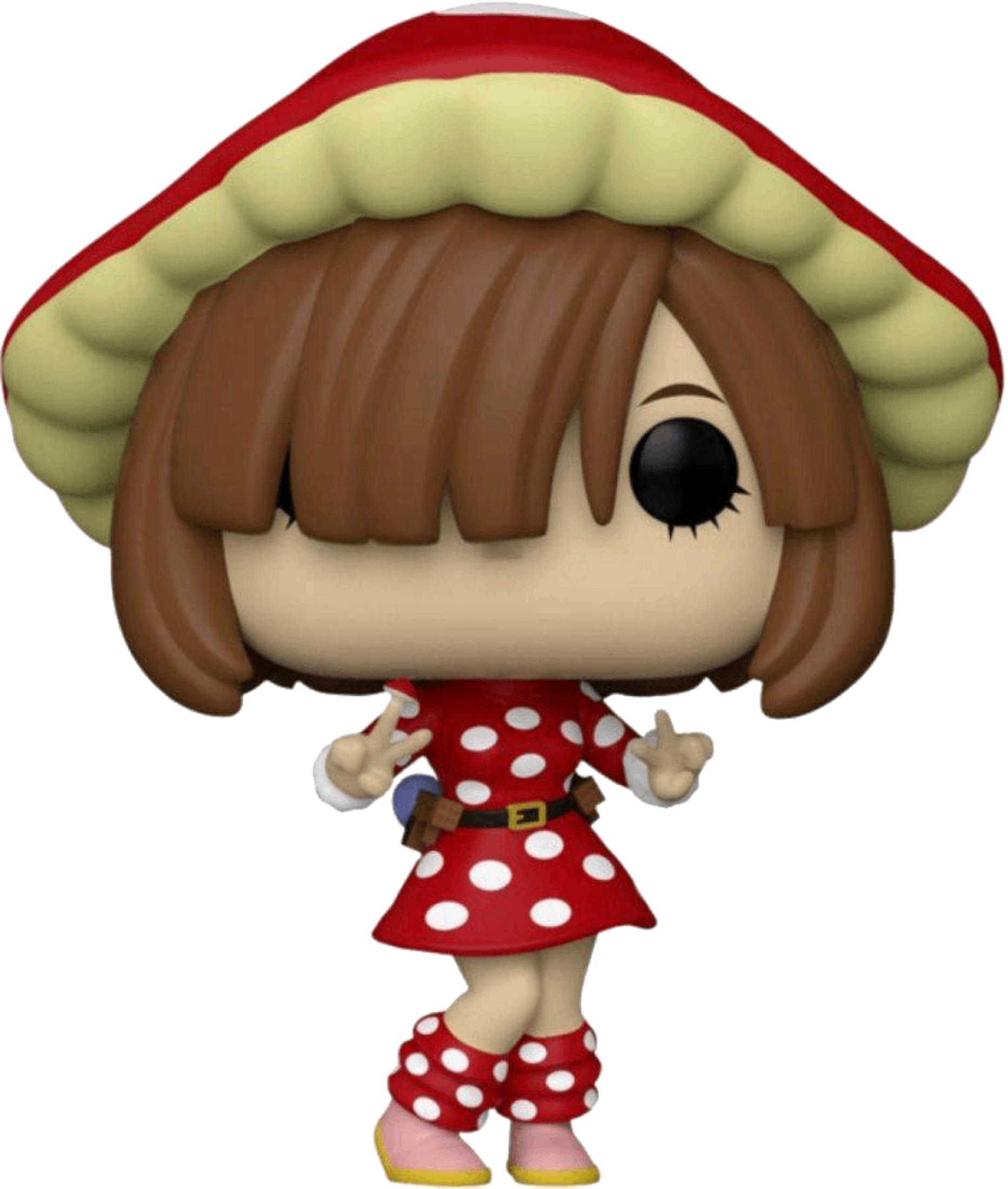 Una figura con sombrero de hongo rojo, vestido de lunares rojos y botas.