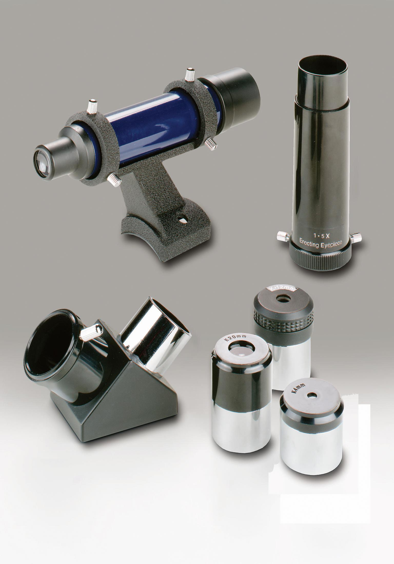 Partes de telescopio: ocular, espejo diagonal y oculares de 20mm, 12mm, 4mm.