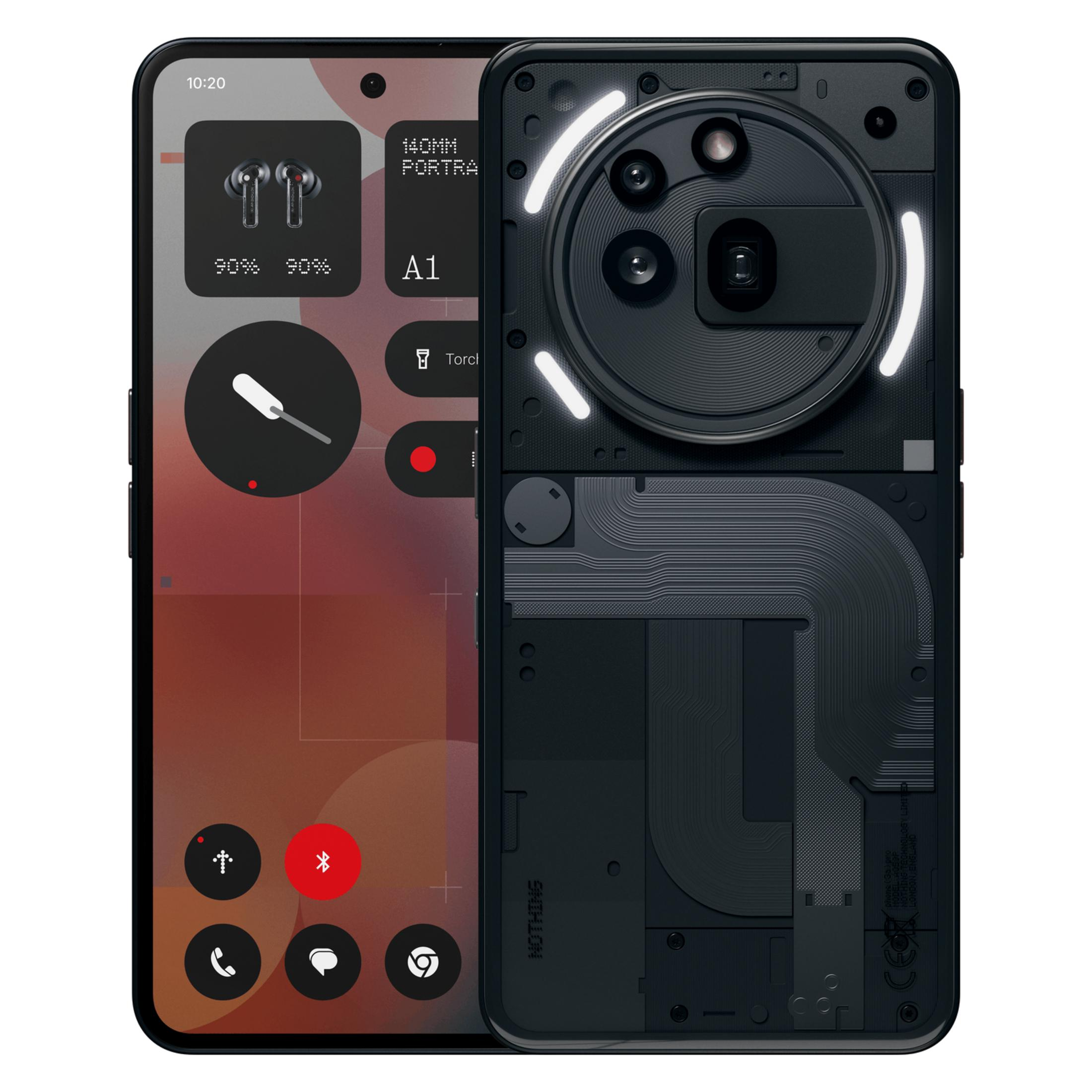 Un smartphone negro con diseño trasero transparente que revela componentes internos.