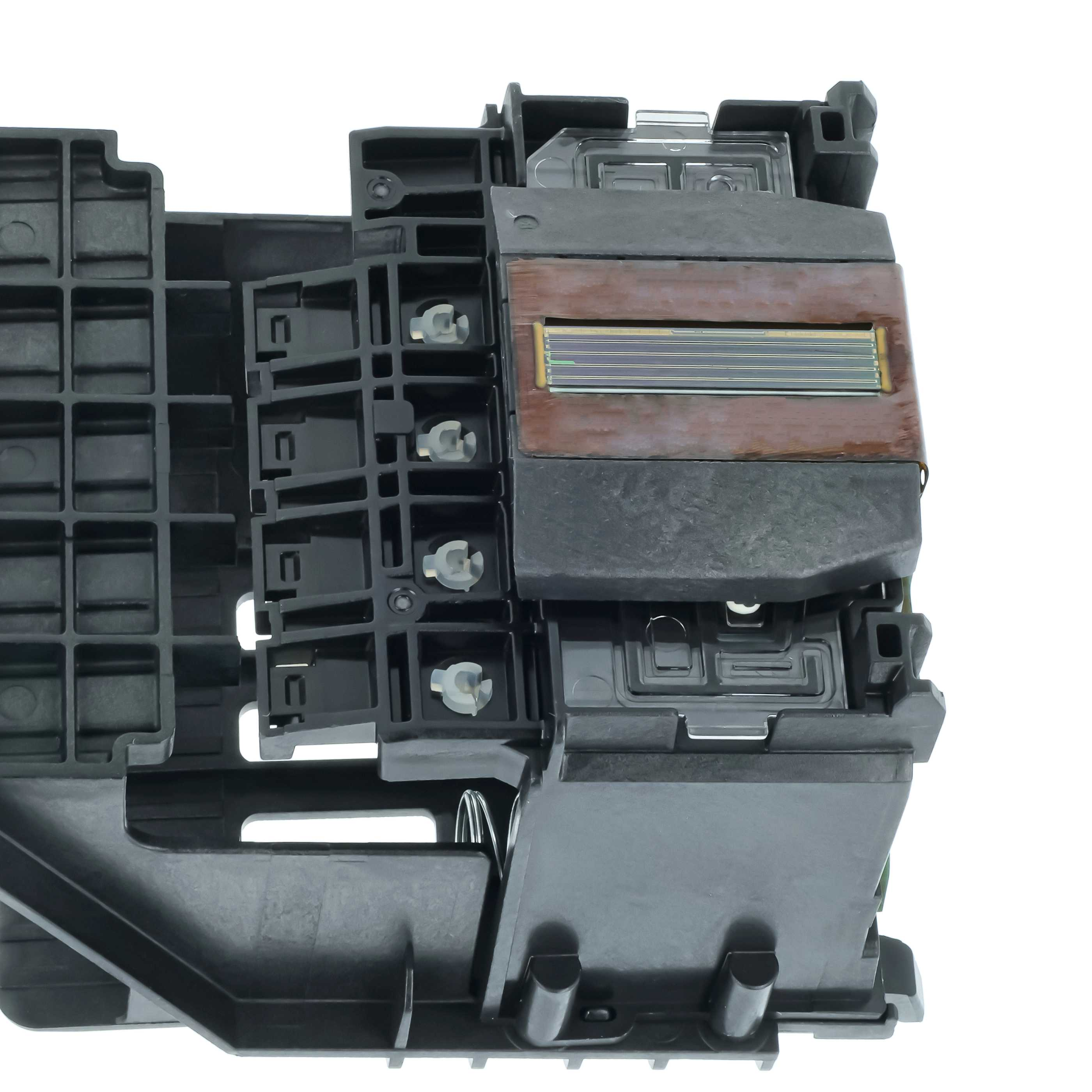 Ein schwarzer Drucker-Druckkopf mit einem braunen Gehäuse und silbernen Streifen.