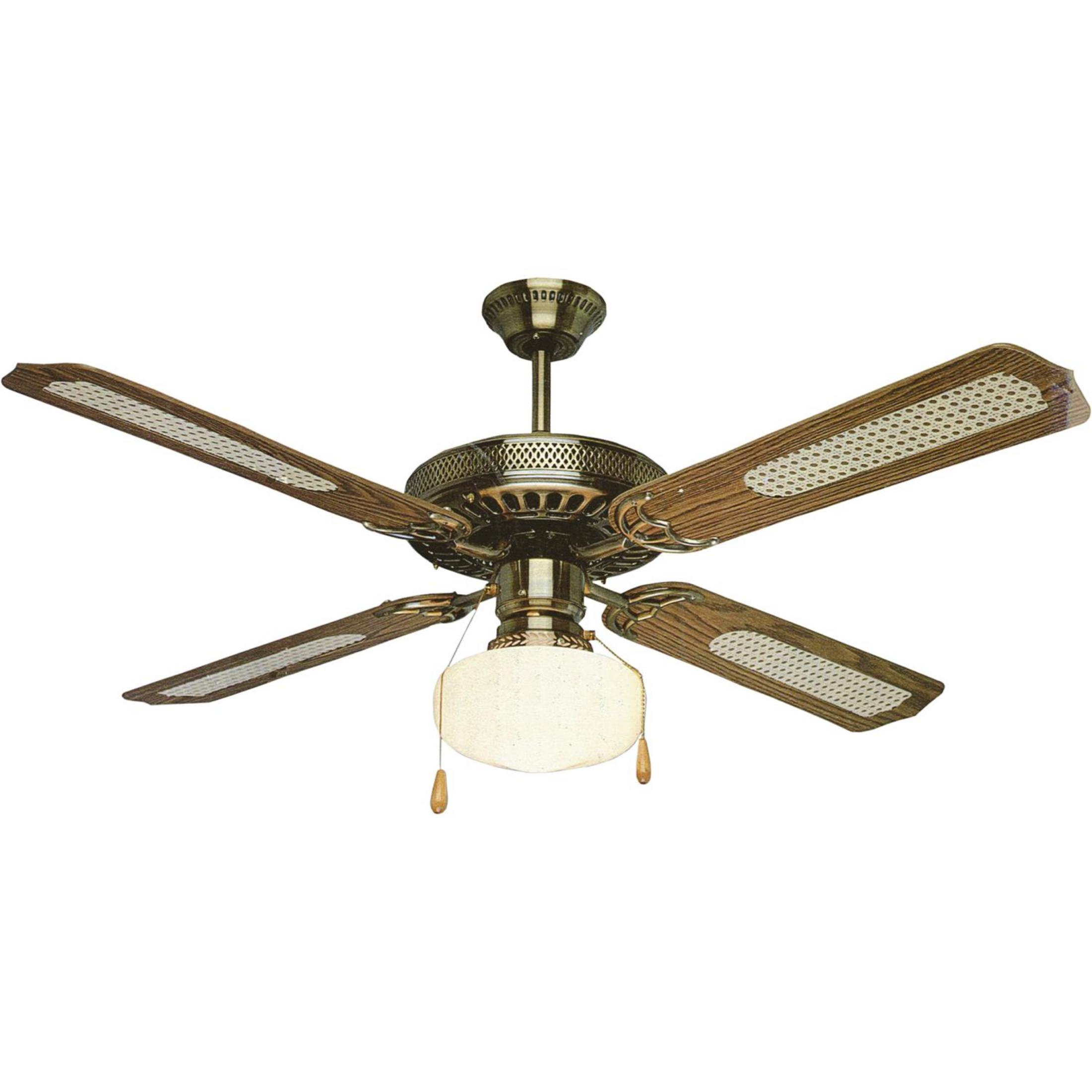 Ventilatore da soffitto con pale effetto legno e lampada integrata.