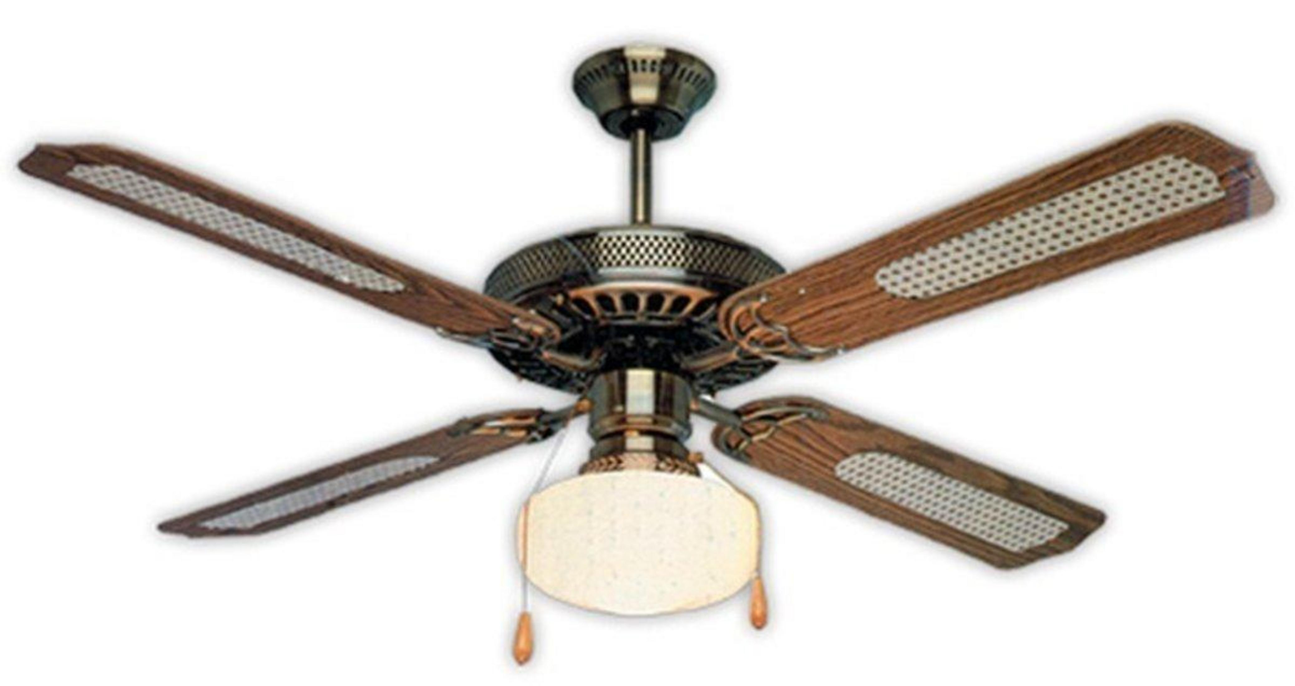 Ventilatore da soffitto con pale in legno e lampada.