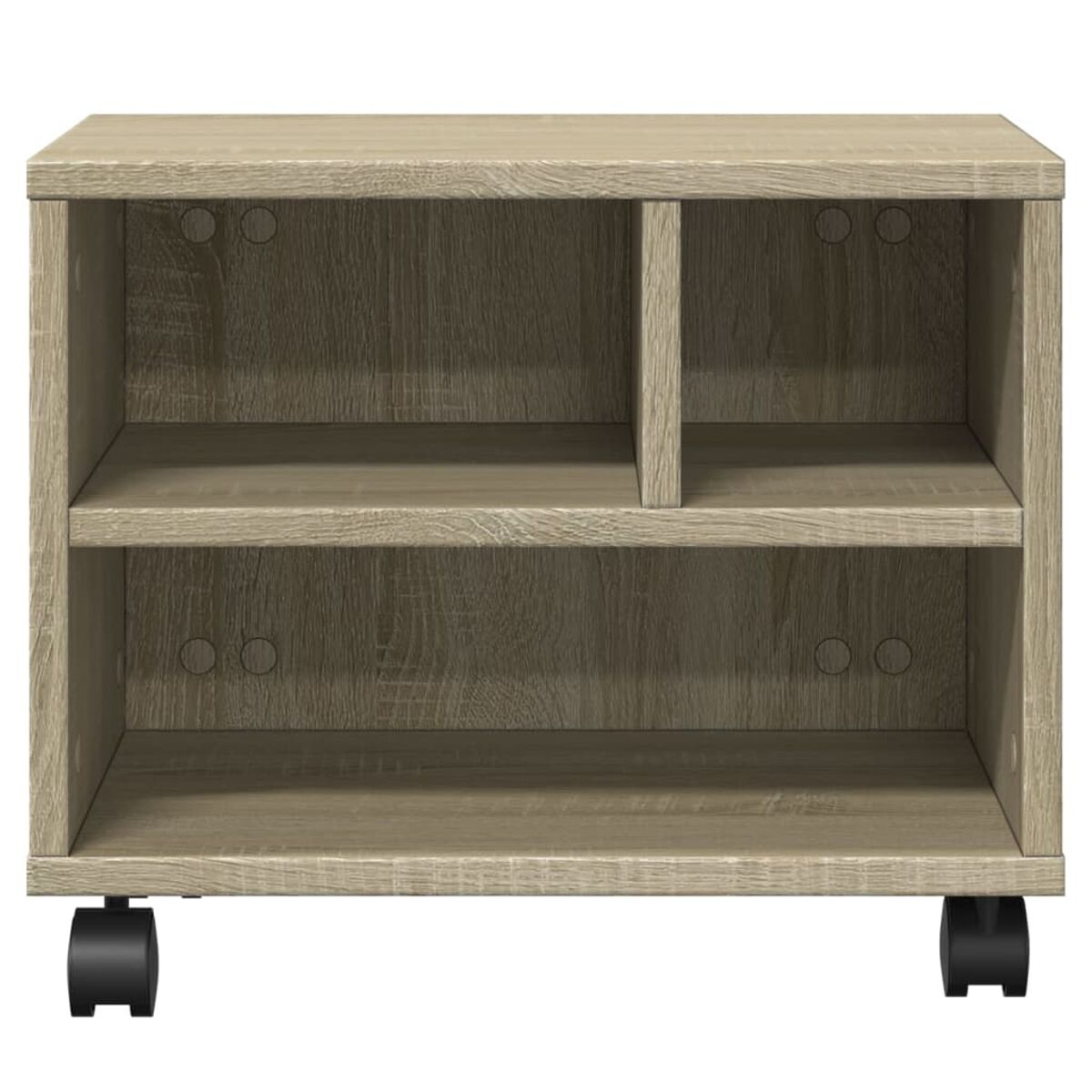 Ein hellbraunes Holzregal mit zwei Ebenen und Rollen.