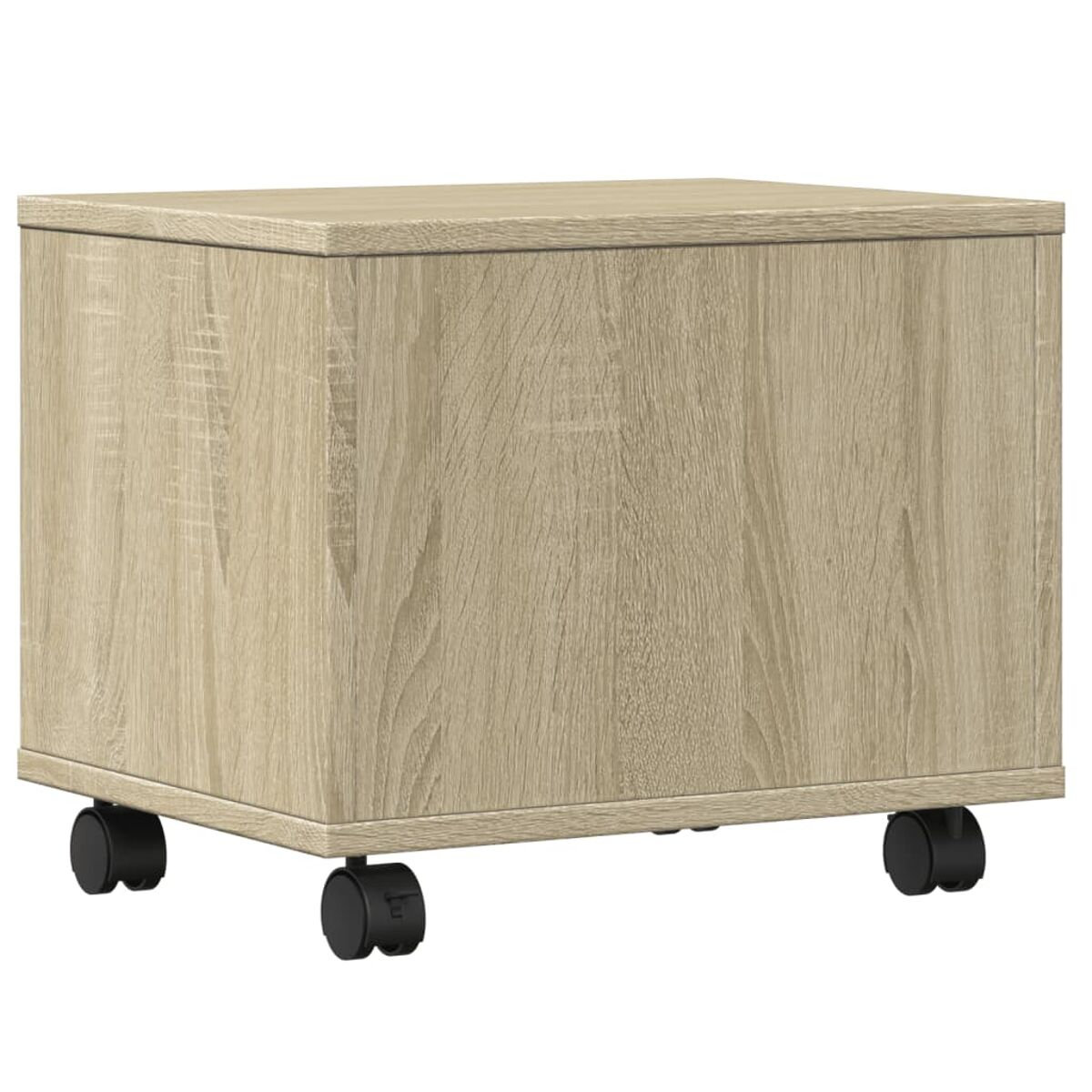 Ein Aktenschrank aus hellem Holz mit vier schwarzen Rädern auf weißem Hintergrund.