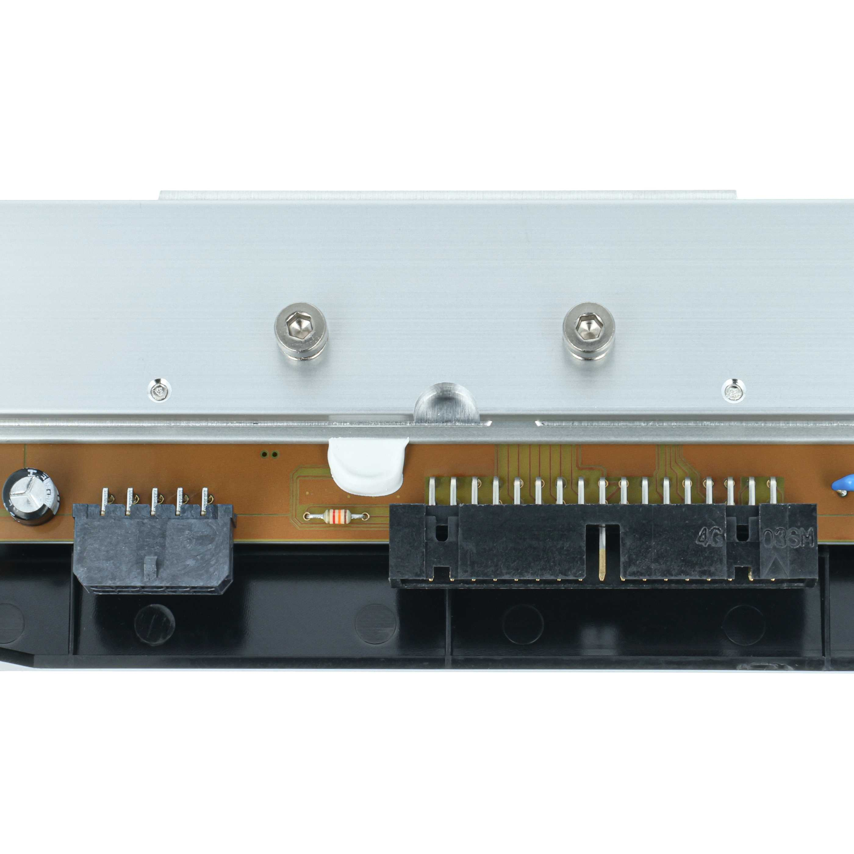 Ein elektronisches Bauteil mit Anschlüssen, Kondensator und Schrauben auf weißem Hintergrund.