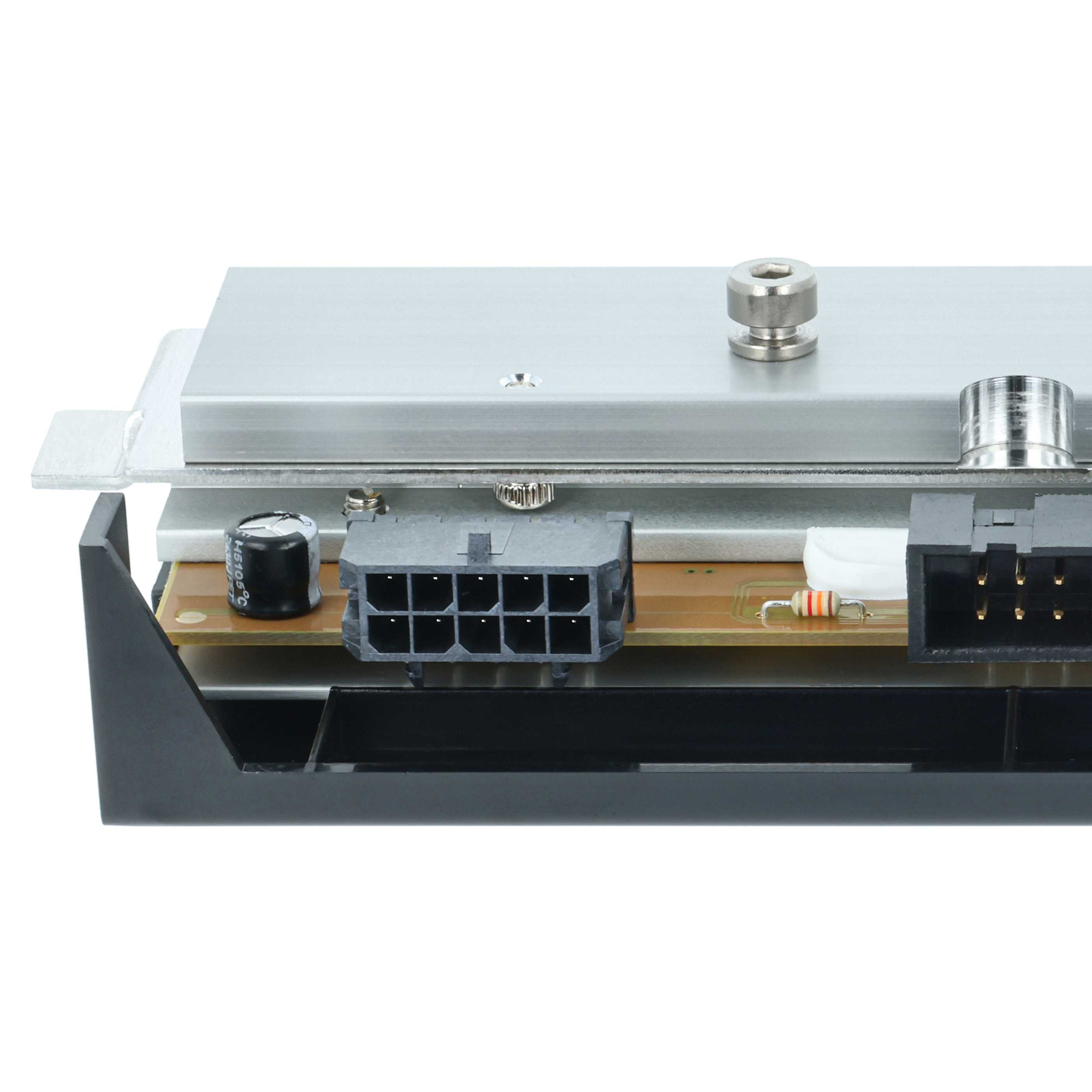 Elektronikplatine mit Anschlüssen, Kondensator und Widerstand.