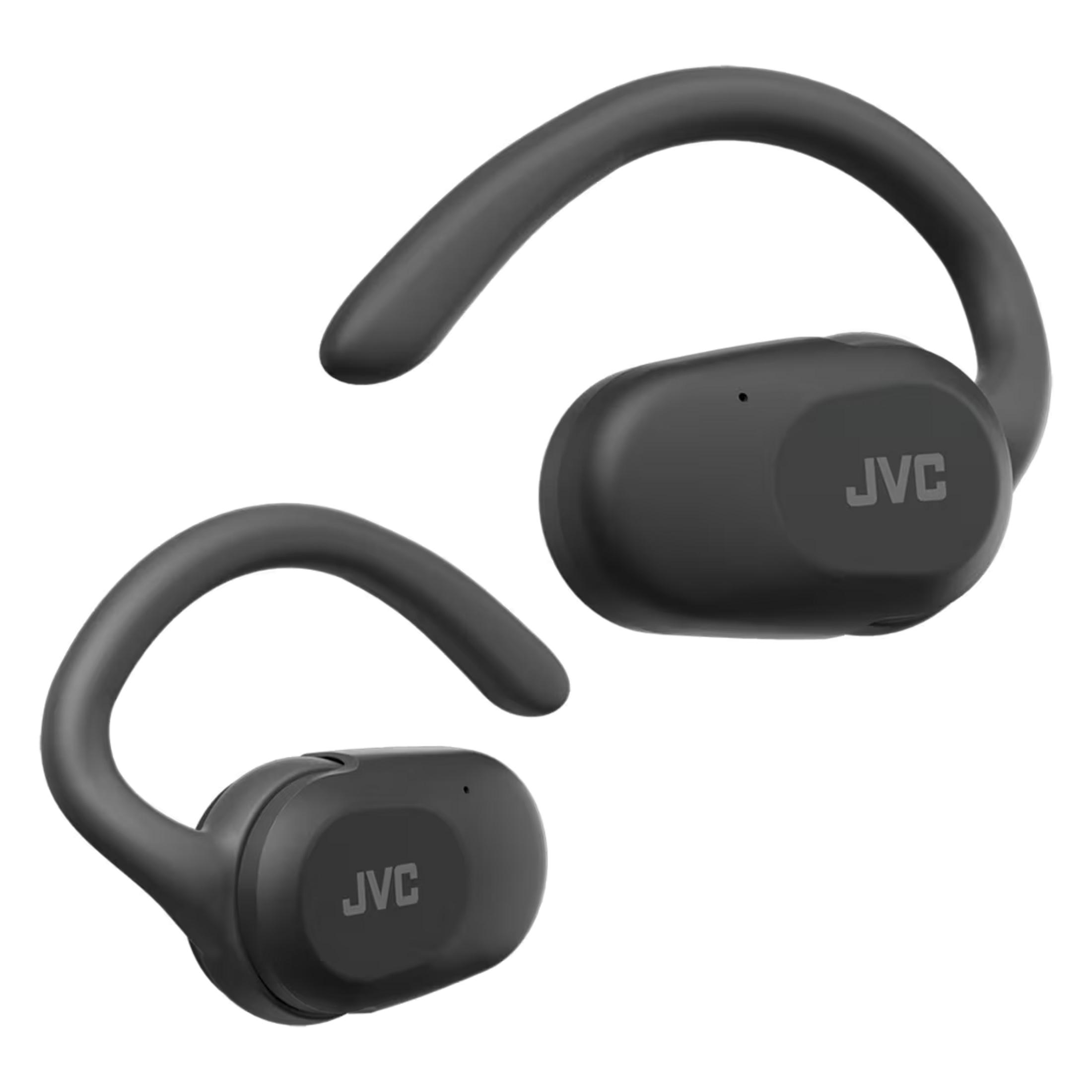 Due auricolari JVC neri con ganci per l'orecchio su sfondo bianco.