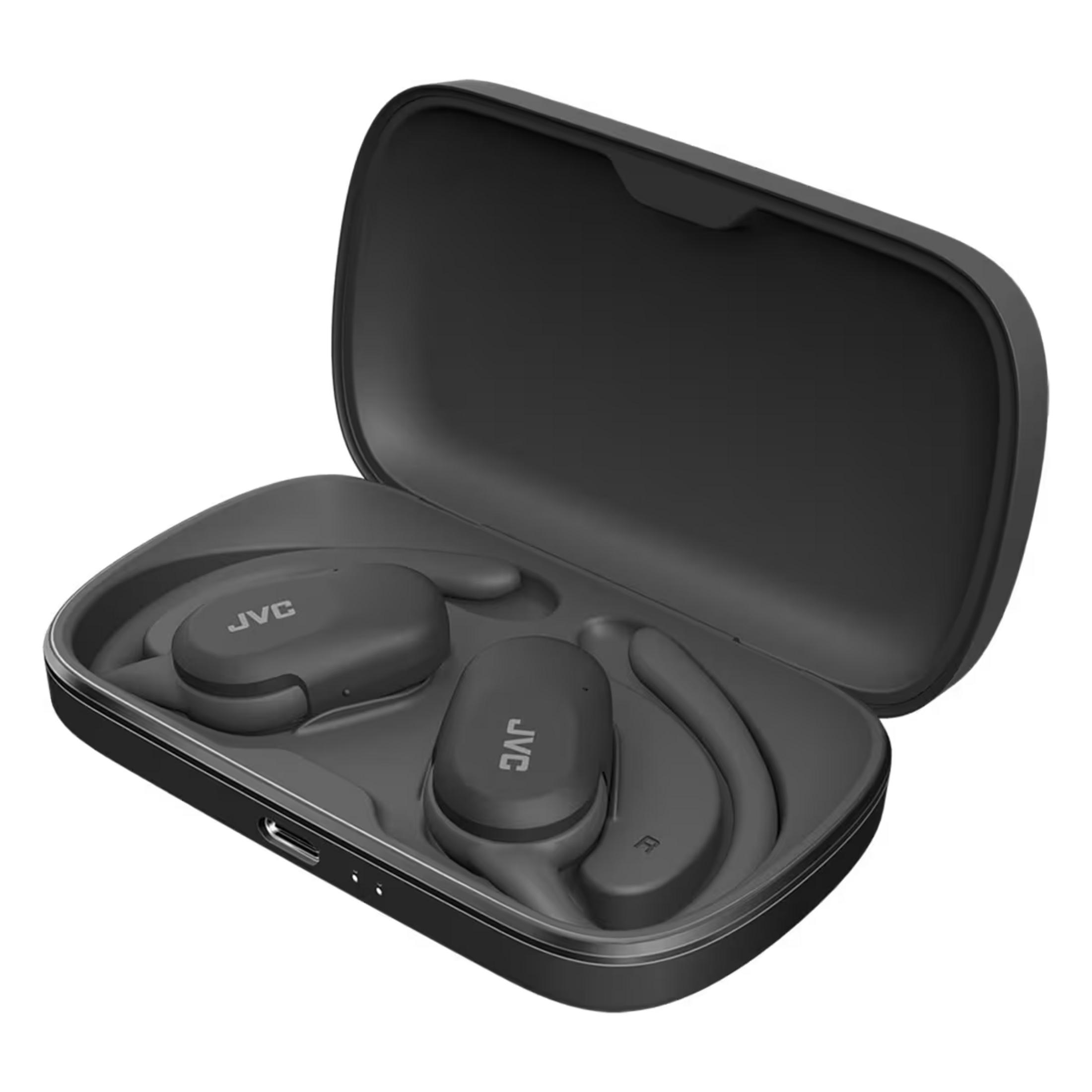 Custodia di ricarica nera con due auricolari JVC e porta di ricarica.