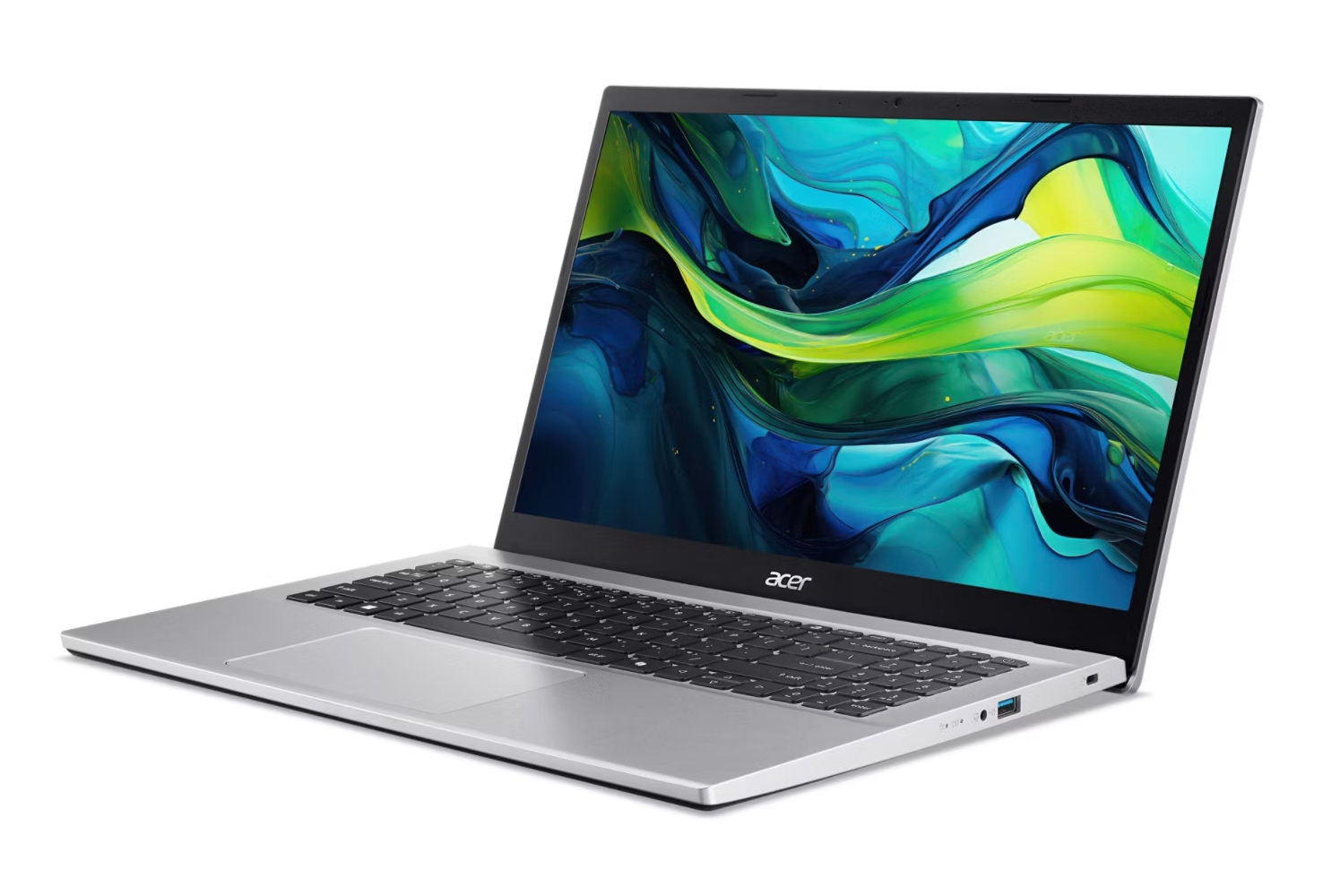 Un laptop Acer argentato con uno sfondo astratto e colorato sullo schermo.