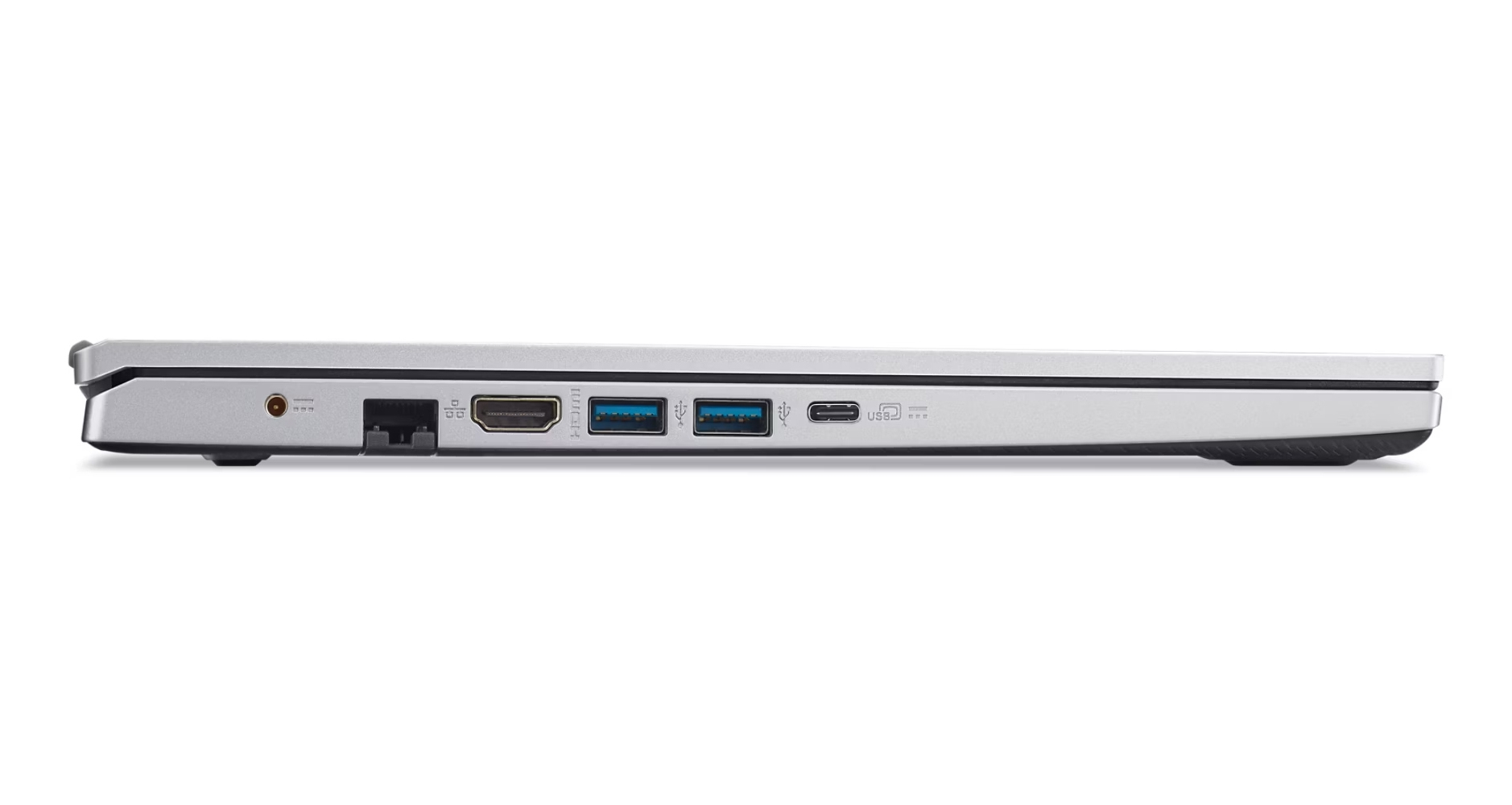 Laptop argentato con porte HDMI, Ethernet e USB.