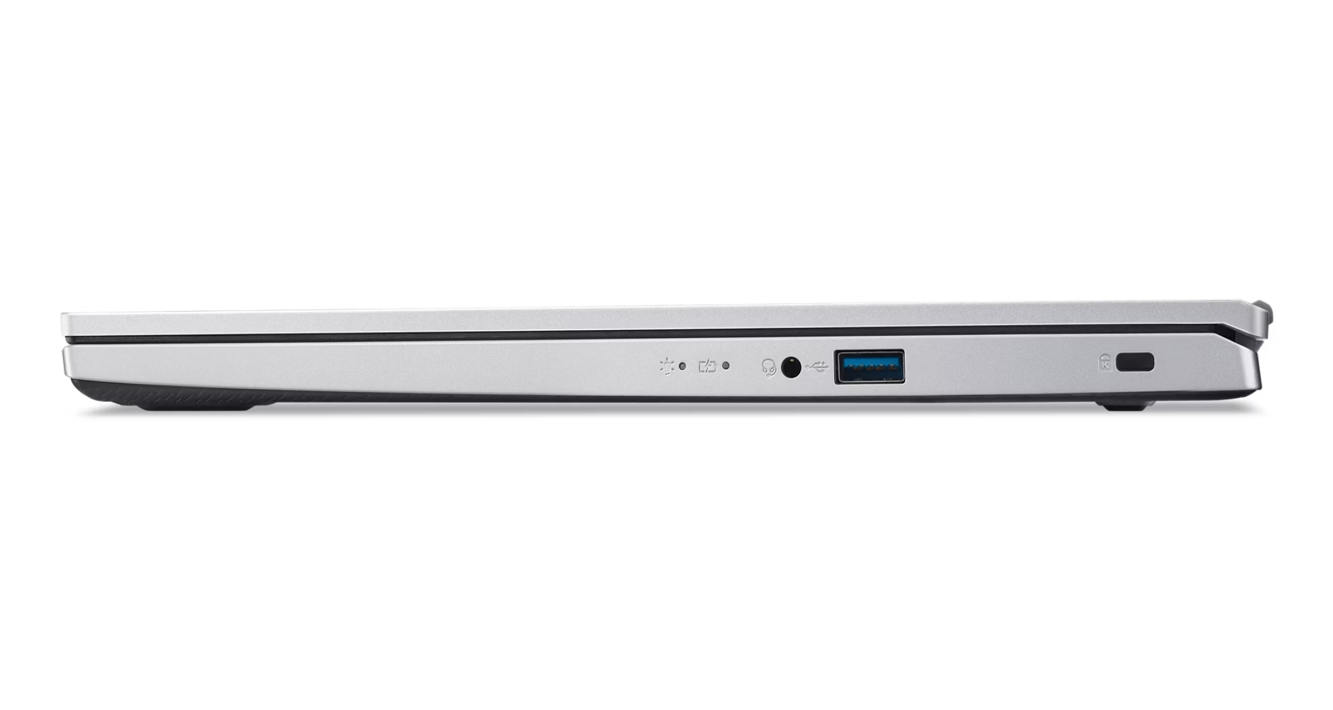 Profilo laptop argento che mostra porte: USB, audio, alimentazione e lettore di schede.