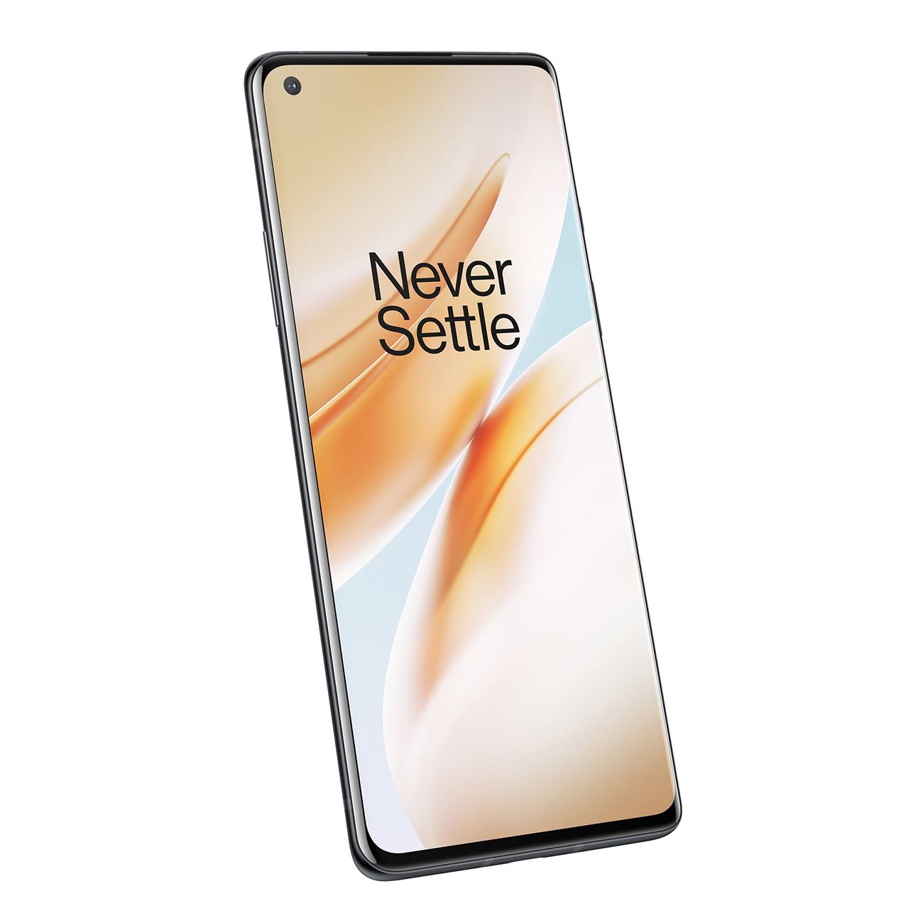 Un elegante smartphone nero con schermo curvo poggia su uno sfondo bianco.