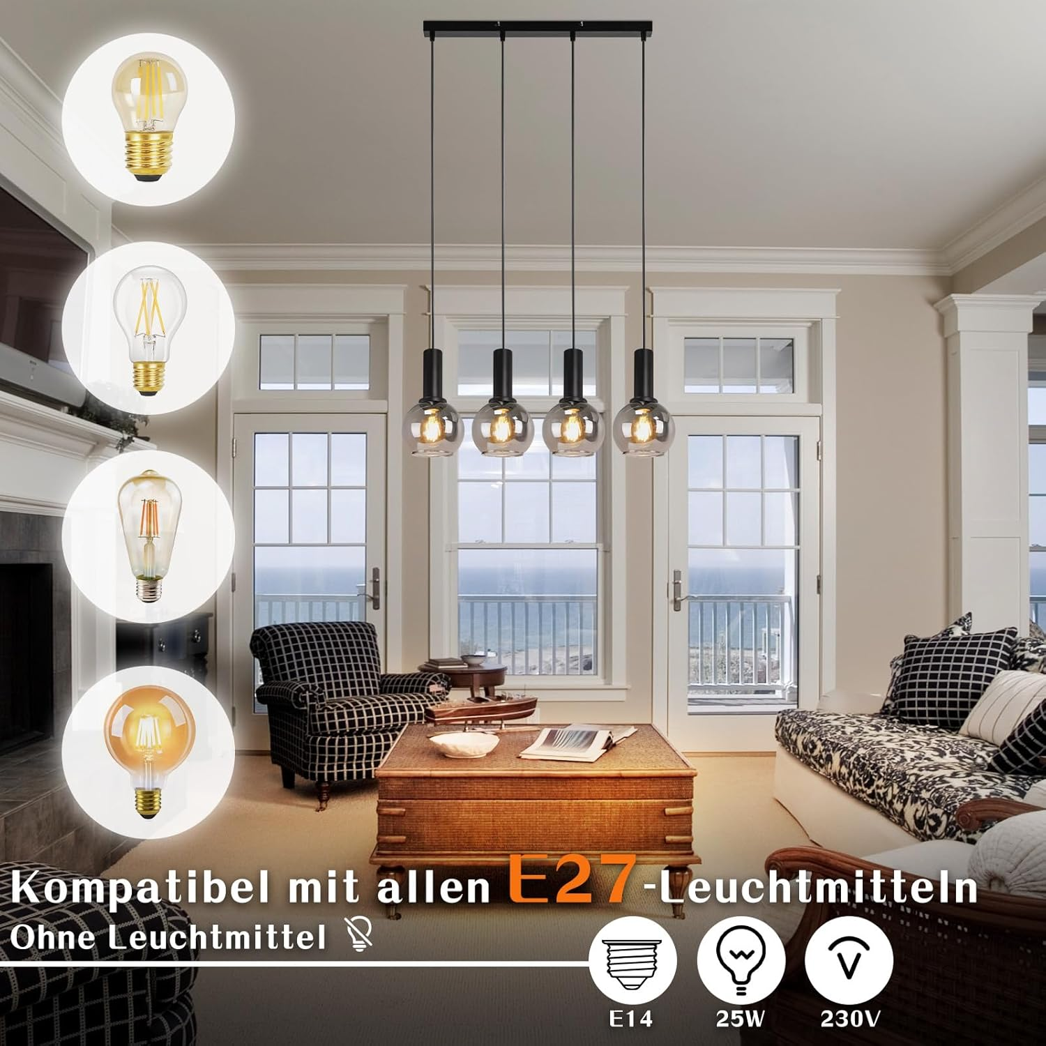 Cuatro lámparas colgantes con esferas de cristal cuelgan sobre una mesa de madera.