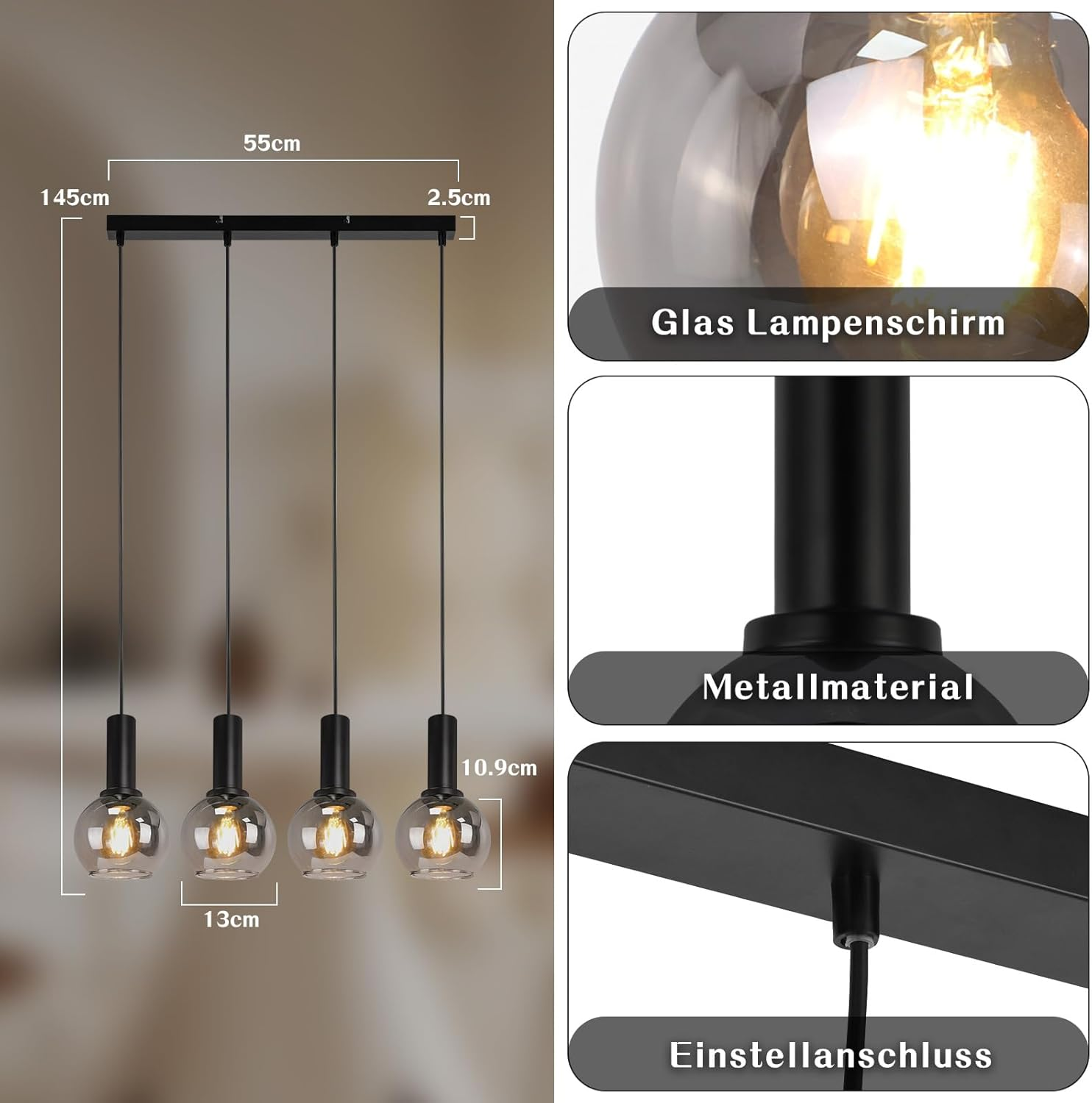 Lámpara colgante moderna con cuatro esferas de vidrio y marco de metal negro.