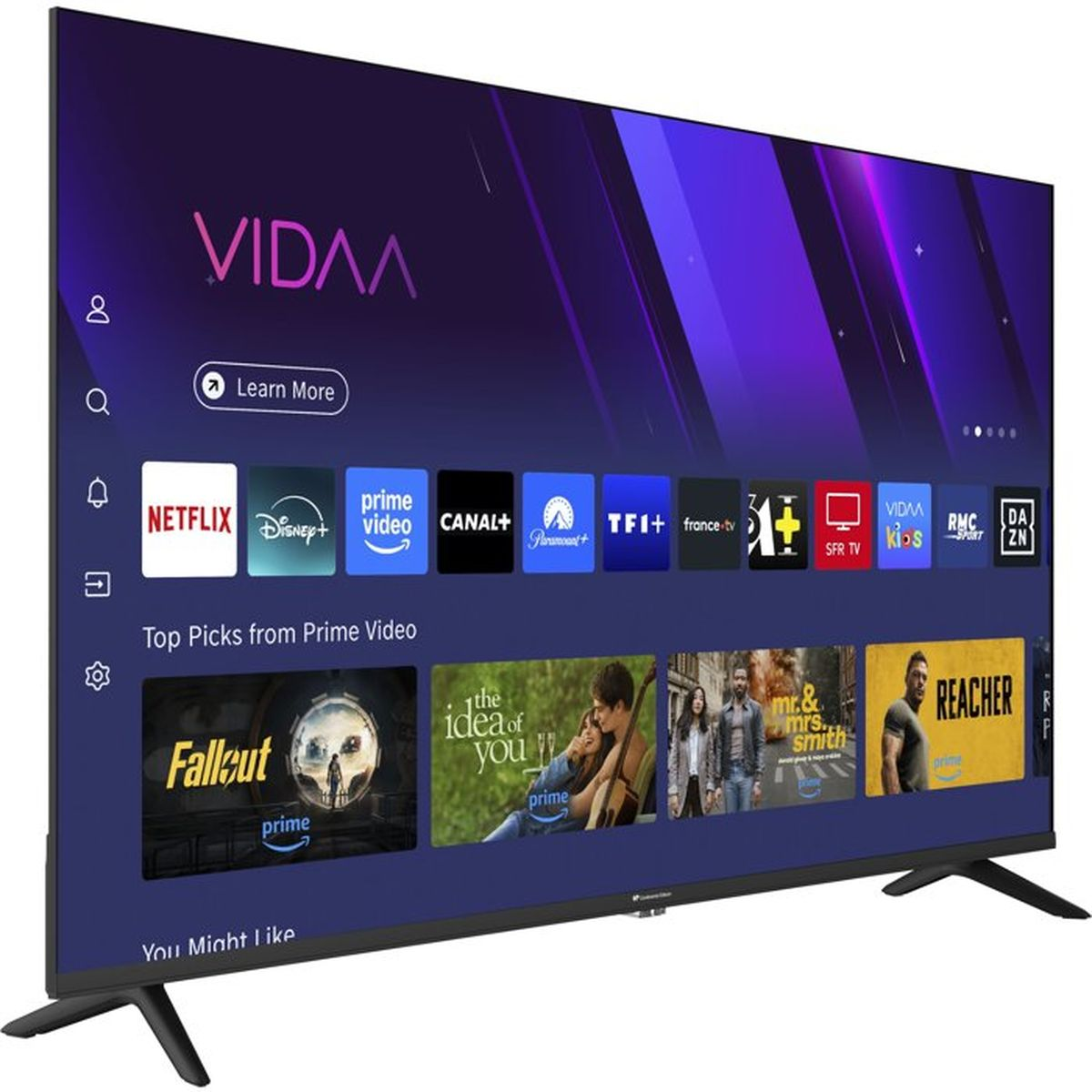 Una smart TV moderna mostra l'interfaccia VIDAA con icone di app come Netflix, Disney+, Prime Video.