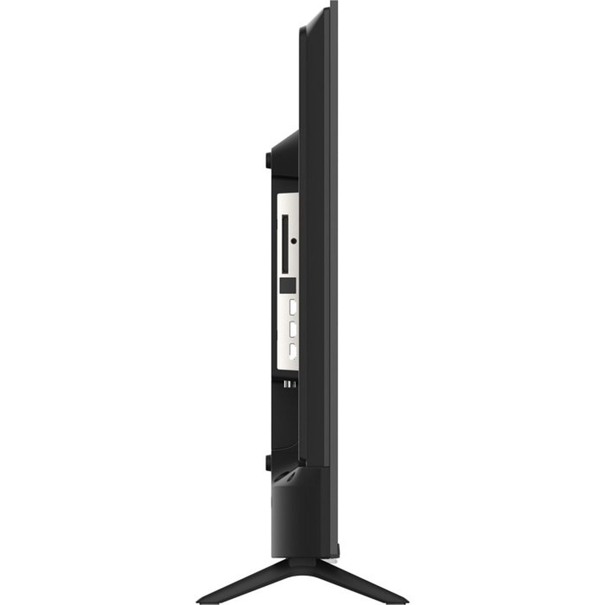 Vista laterale di una TV nera con porte e supporto.