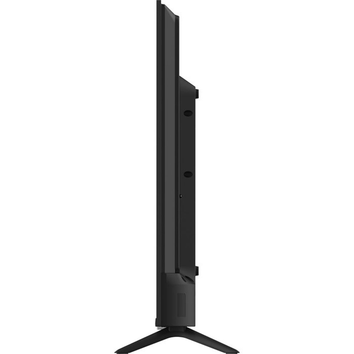 Vista laterale di una TV nera sottile con supporto stretto su sfondo bianco.