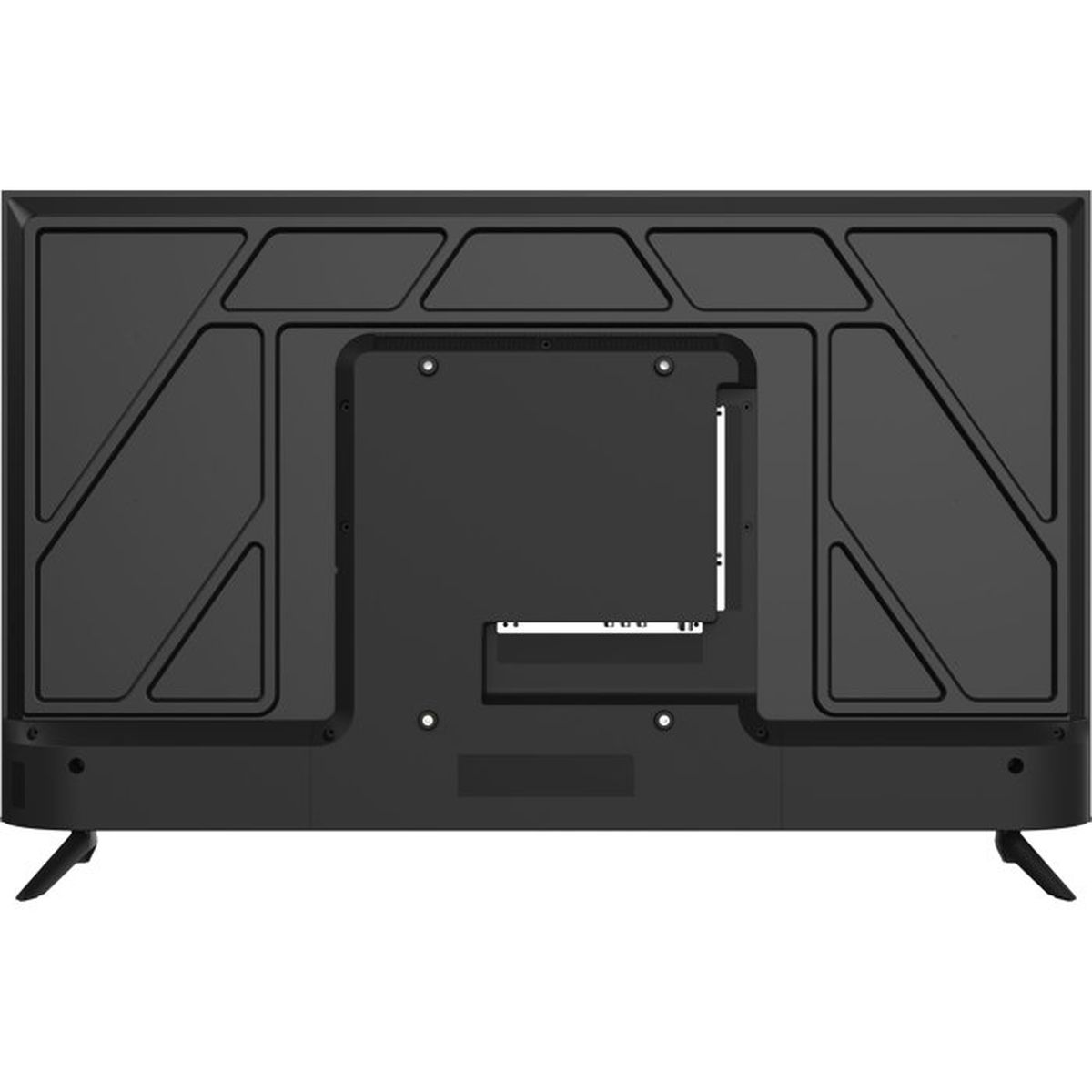 Retro di un televisore nero con porte e due piedini visibili.