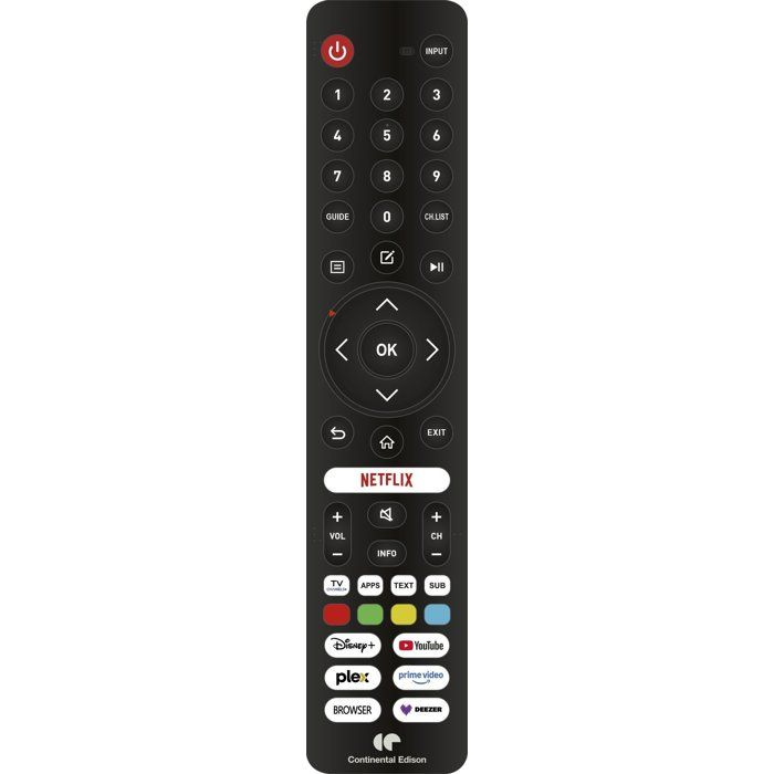 Telecomando nero con tasti numerici, navigazione e scorciatoie app.