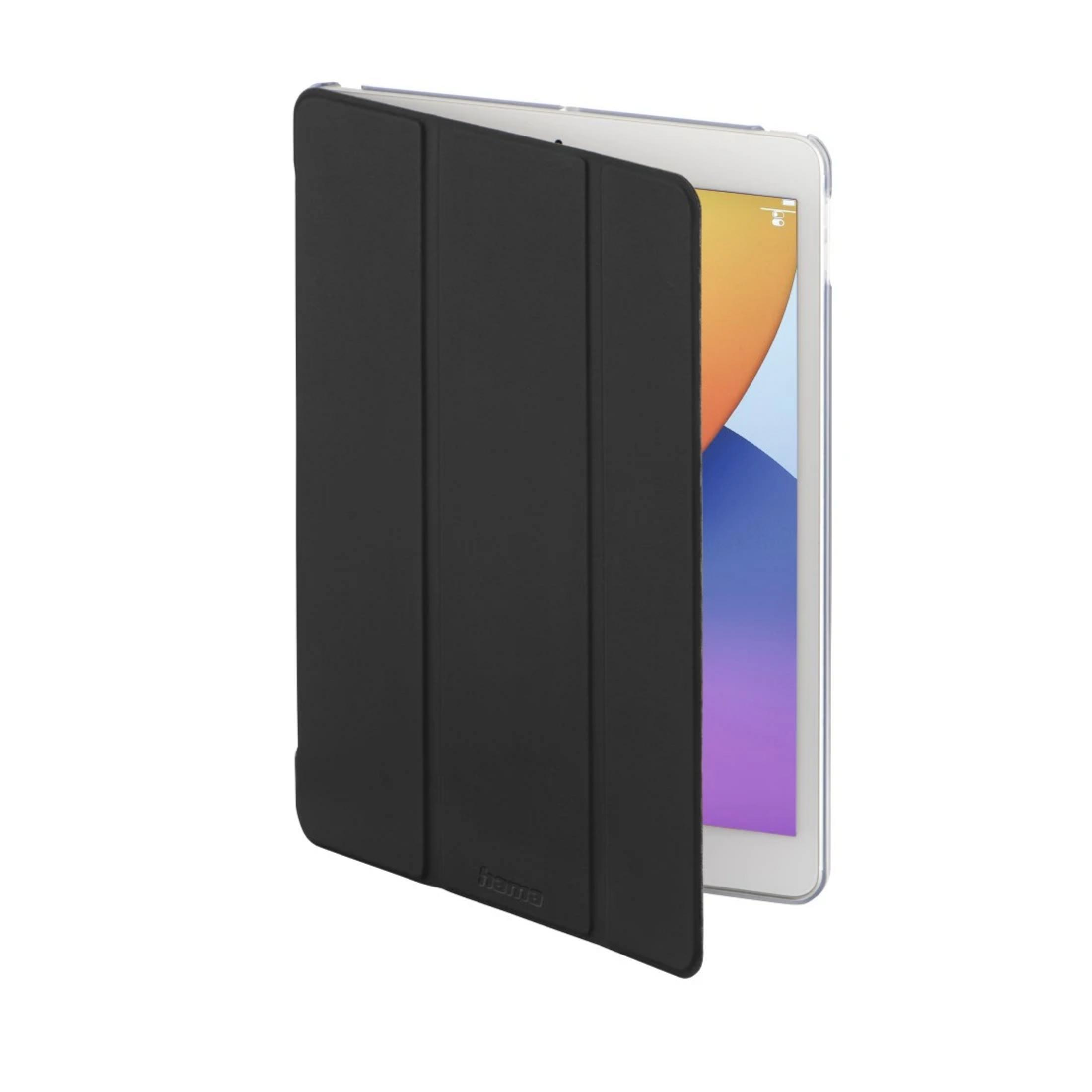 Ein schwarzes Tablet mit einer geöffneten Hülle auf weißem Hintergrund.