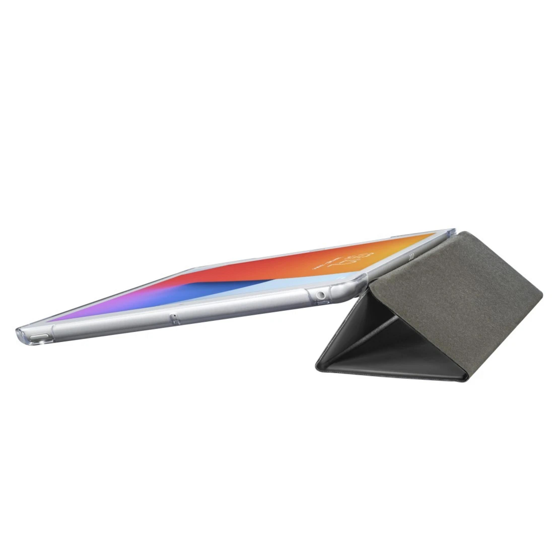 Ein Tablet mit einem grauen Bezug, das auf einer Seite aufgeschlagen ist.