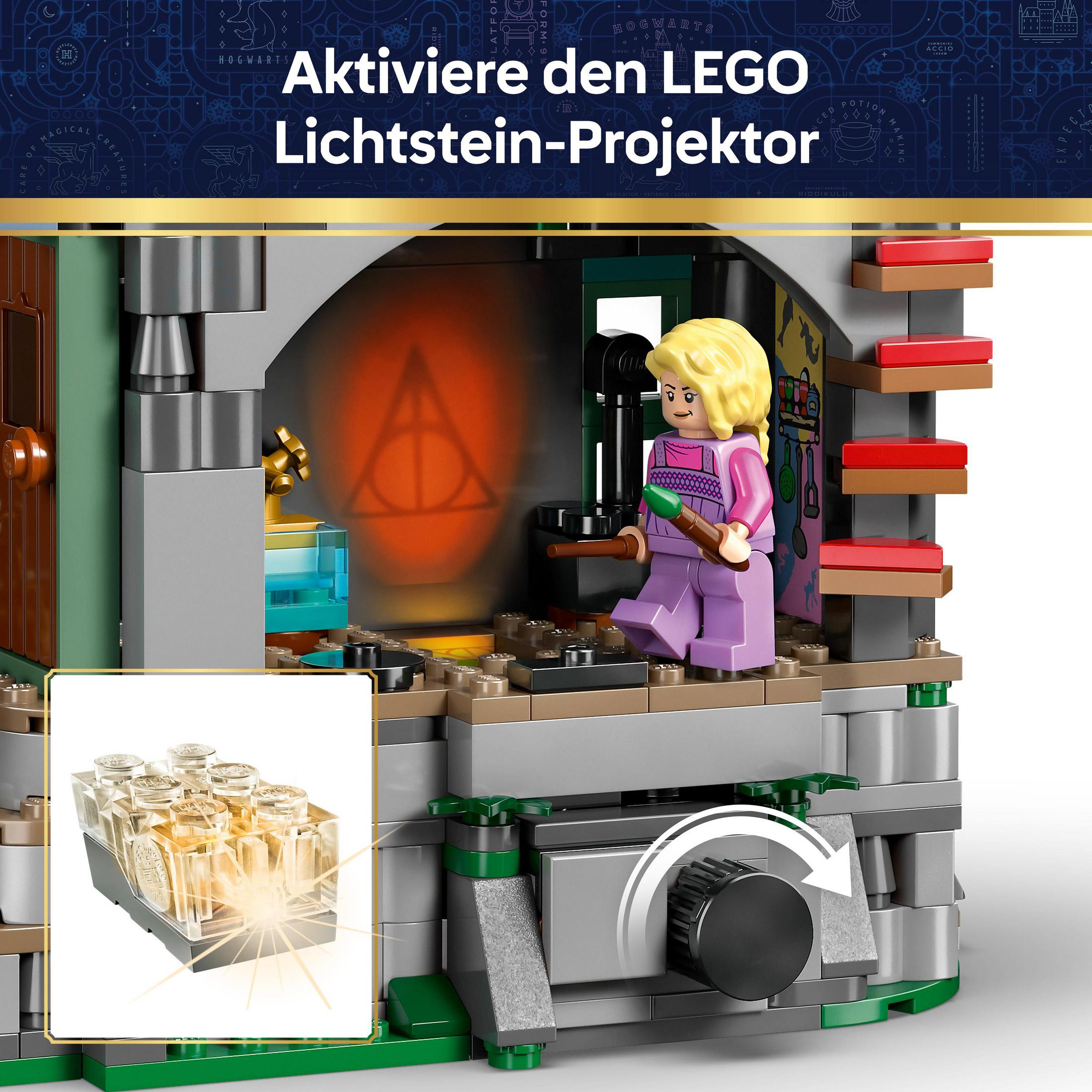 Model LEGO przedstawia postać trzymającą różdżkę i świecące buteleczki.