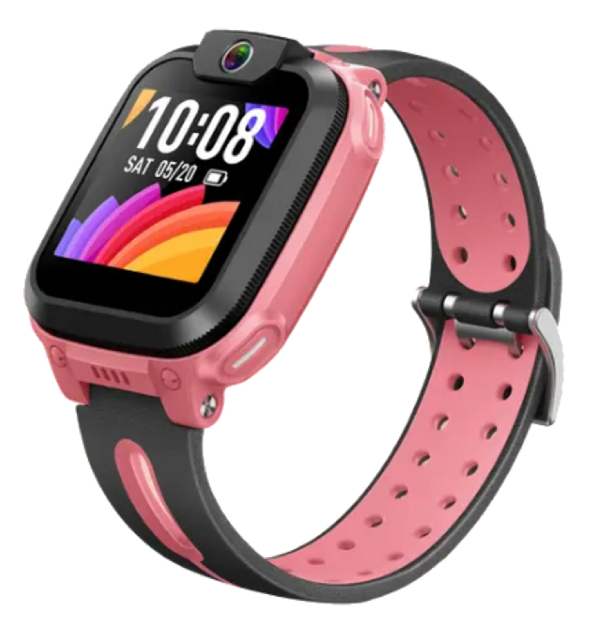 Smartwatch rosa e nero per bambini con fotocamera, mostra le 10:08 e display colorato.