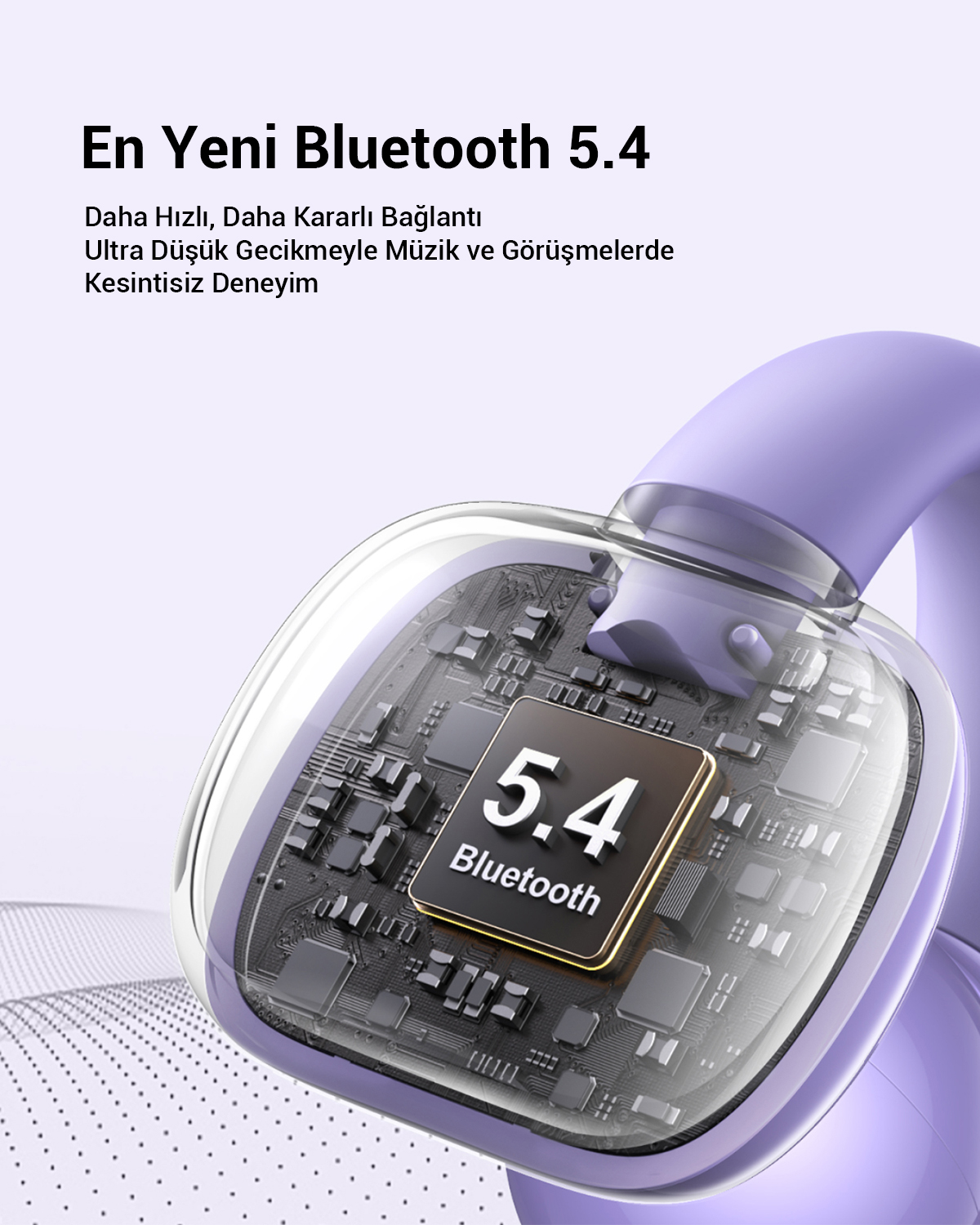 Zbliżenie na słuchawki z widoczną płytką drukowaną z napisem "Bluetooth 5.4".