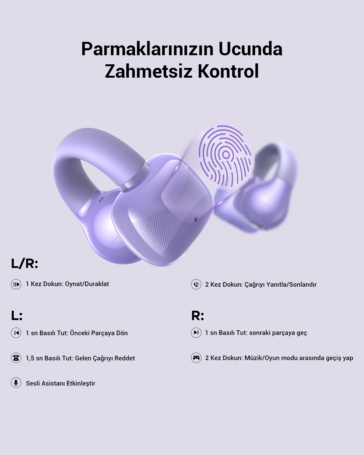 Fioletowe słuchawki bezprzewodowe z ikoną odcisku palca i instrukcjami.