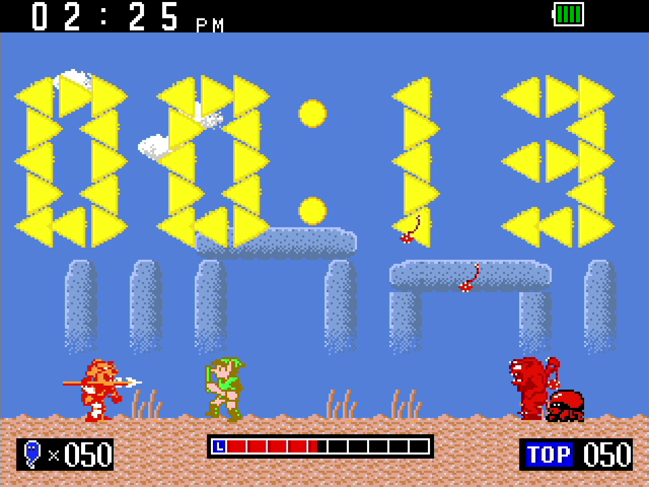 Una pantalla de videojuego pixelado muestra personajes y triángulos amarillos sobre fondo azul.