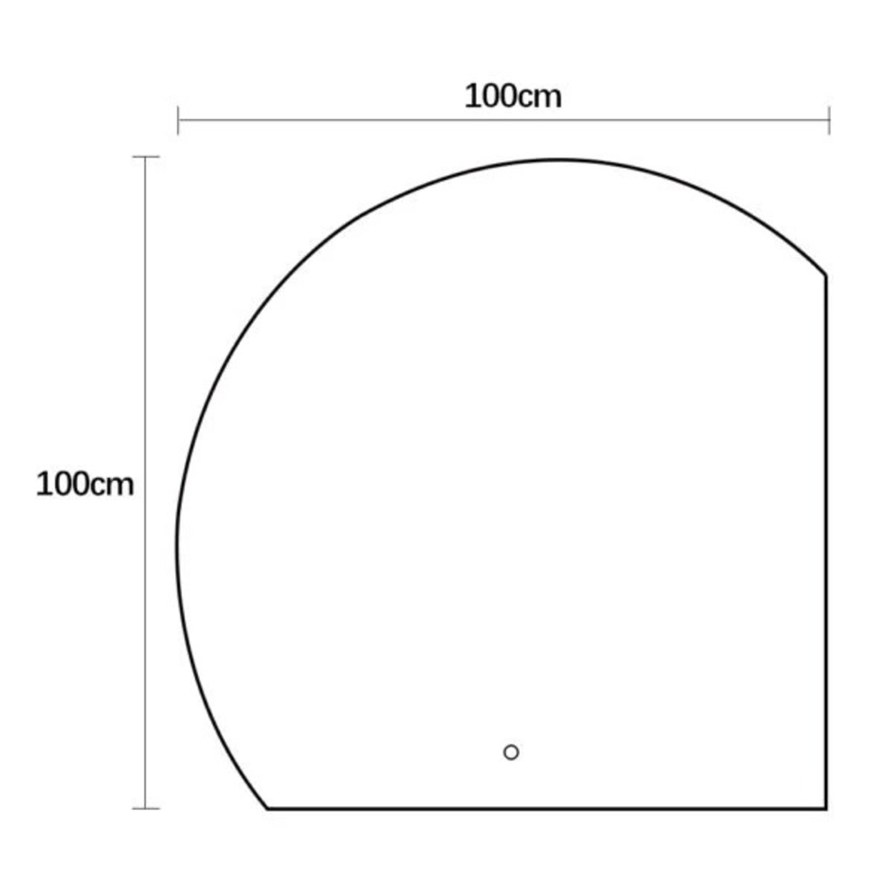 Plattegrond: 100x100cm, afgeronde hoek, met cirkeltje.