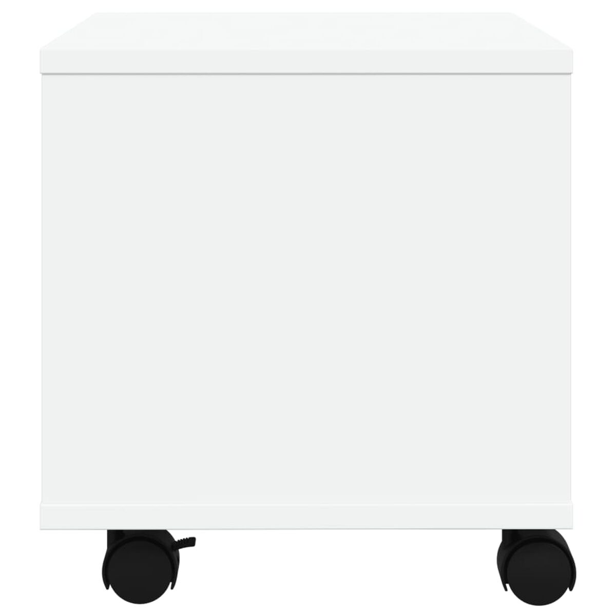 Ein weißer Aktenschrank auf schwarzen Rollen.