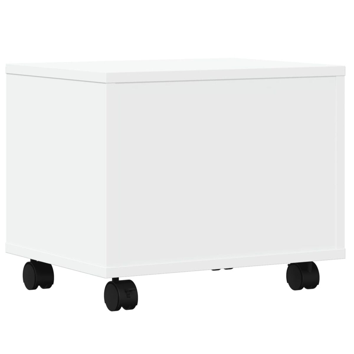 Ein weißer, rechteckiger Aktenschrank auf vier schwarzen Rollen.