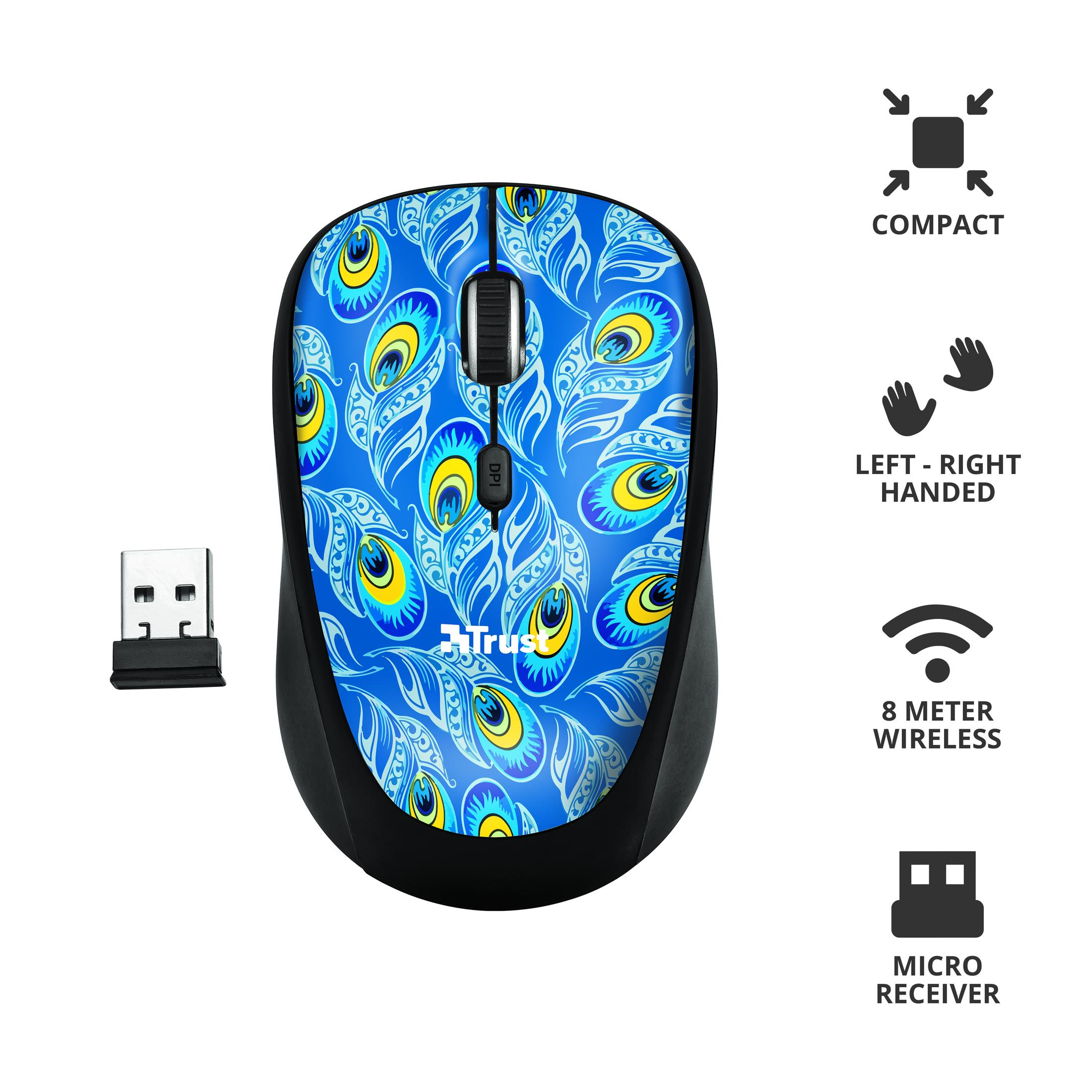Un ratón azul con diseño de plumas de pavo real y un receptor USB.
