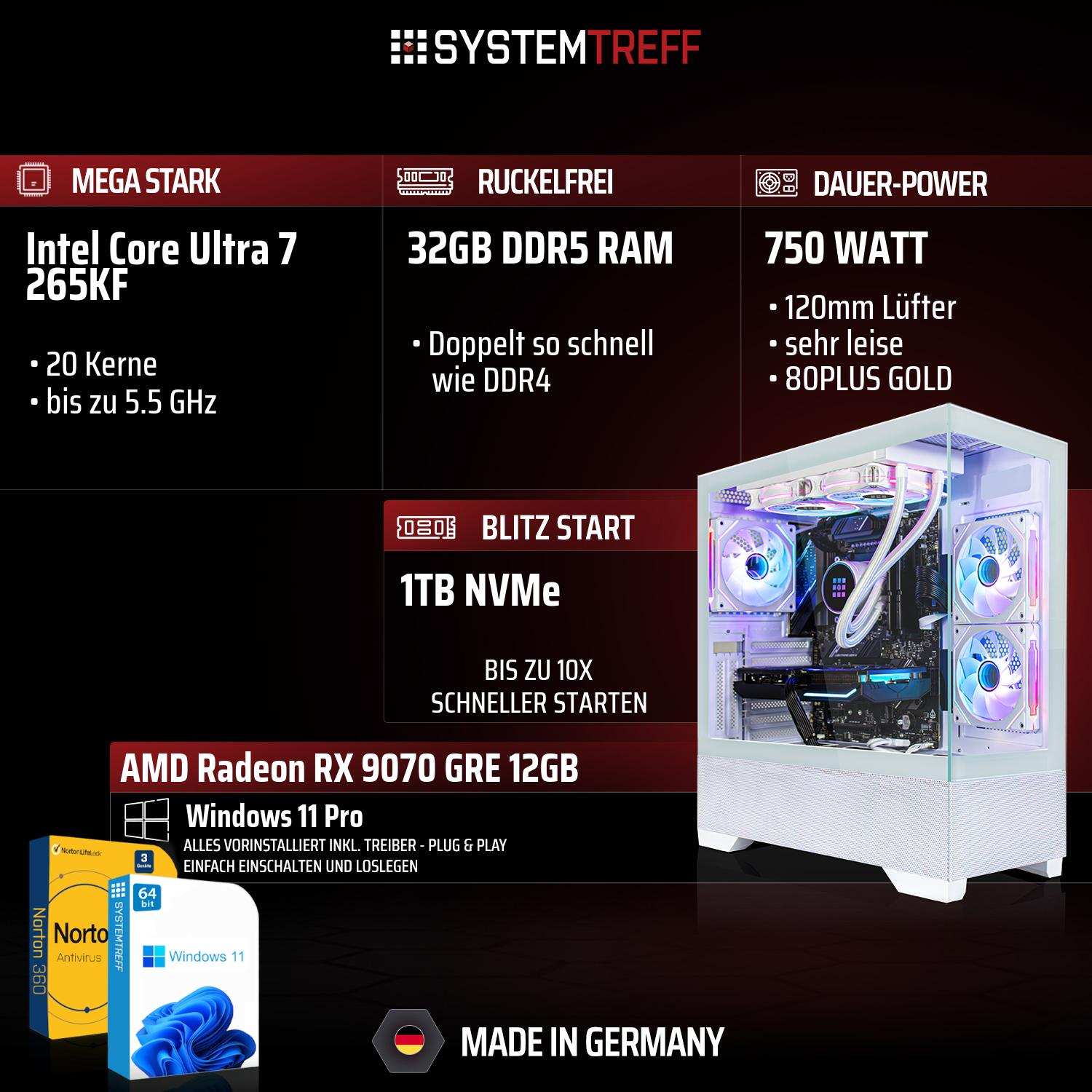Gaming-PC mit Intel Core Ultra 7, 32GB DDR5 RAM, 1TB NVMe, RX 9070 GRE, Windows 11 Pro.