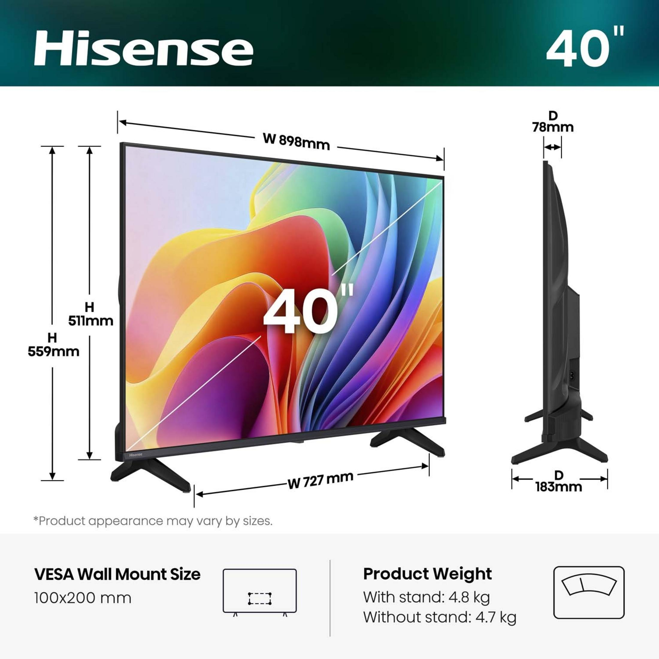 Televisor Hisense de 40 pulgadas con dimensiones y peso. VESA 100x200 mm.