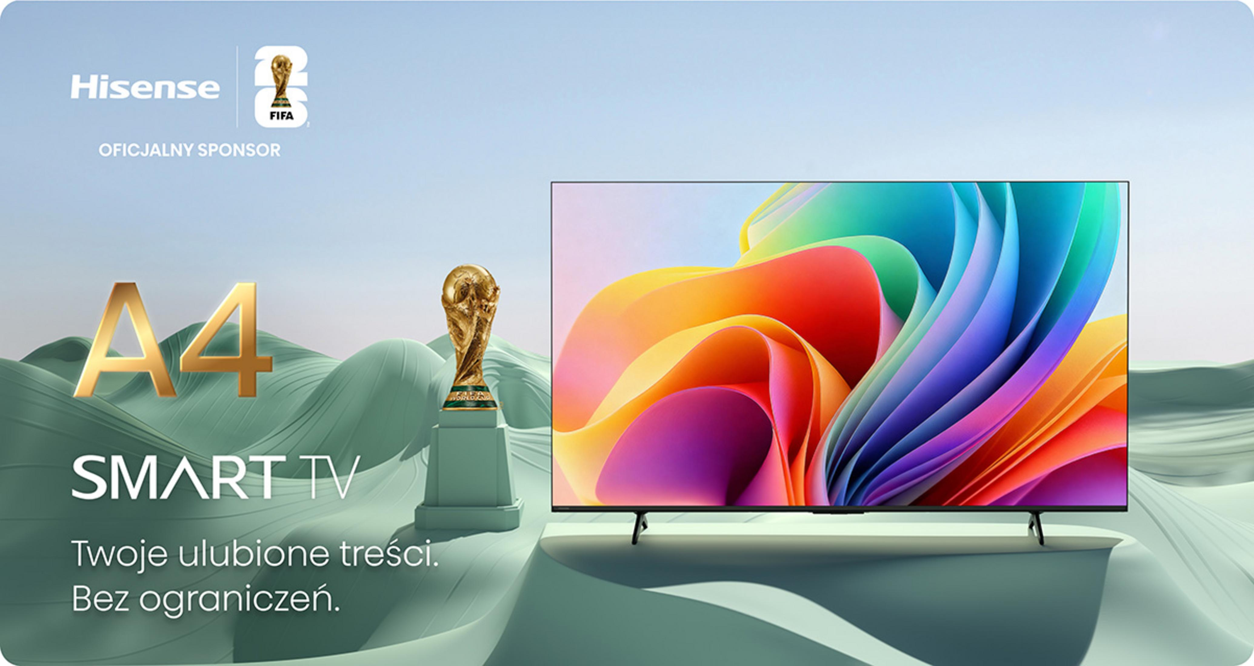 Hisense A4 Smart TV con trofeo FIFA y gráficos abstractos coloridos.