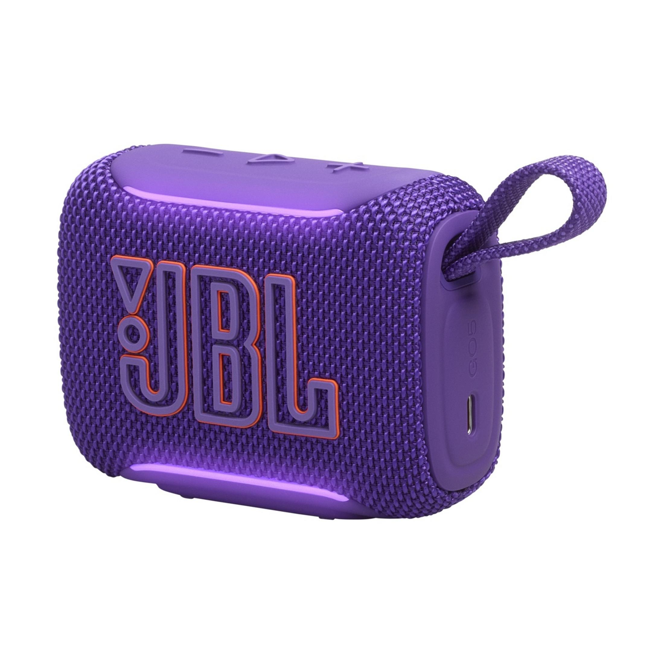 Lila JBL Go 3 Lautsprecher mit Trageschlaufe und USB-C-Anschluss.