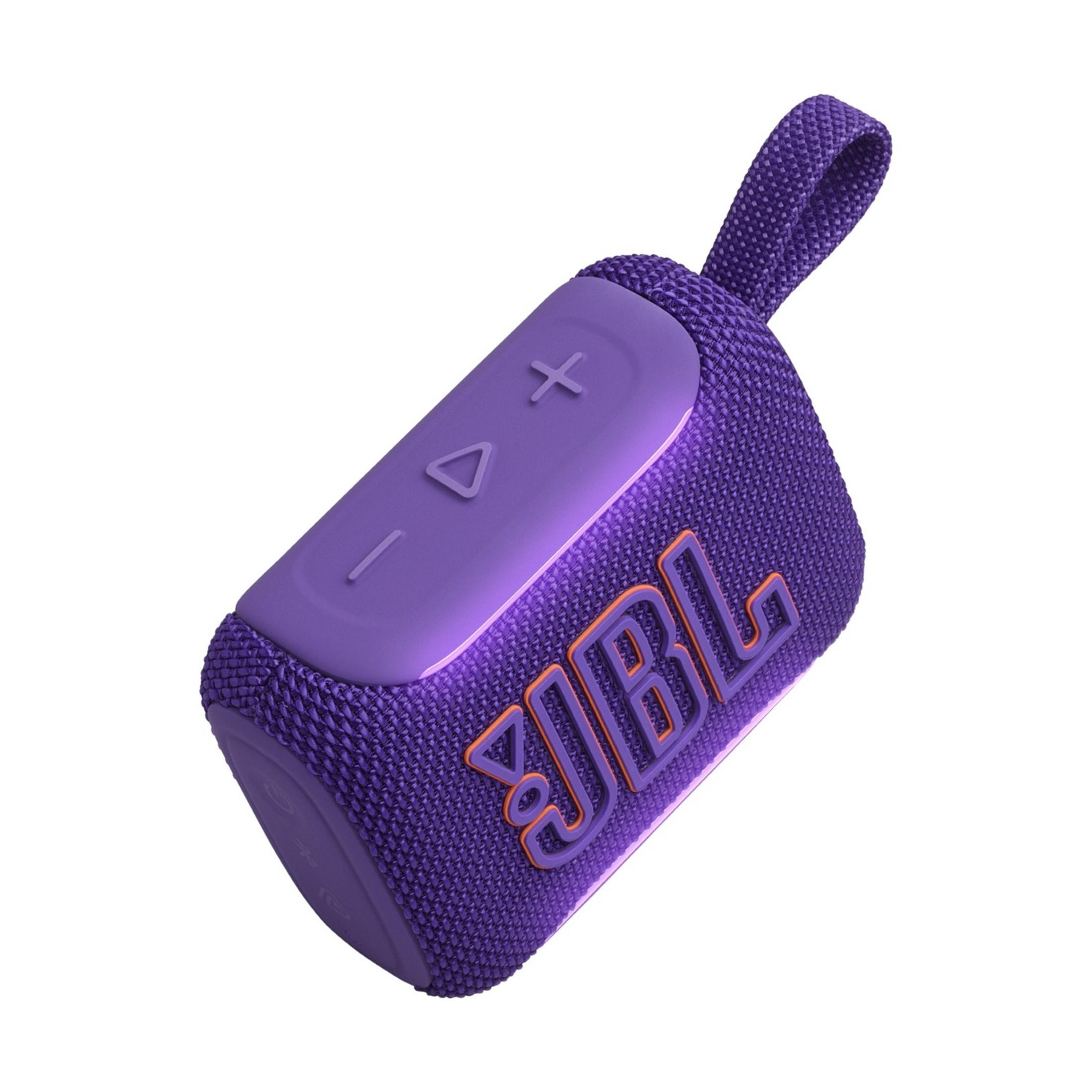 Lila JBL-Lautsprecher mit Trageschlaufe und orangefarbenem Logo.