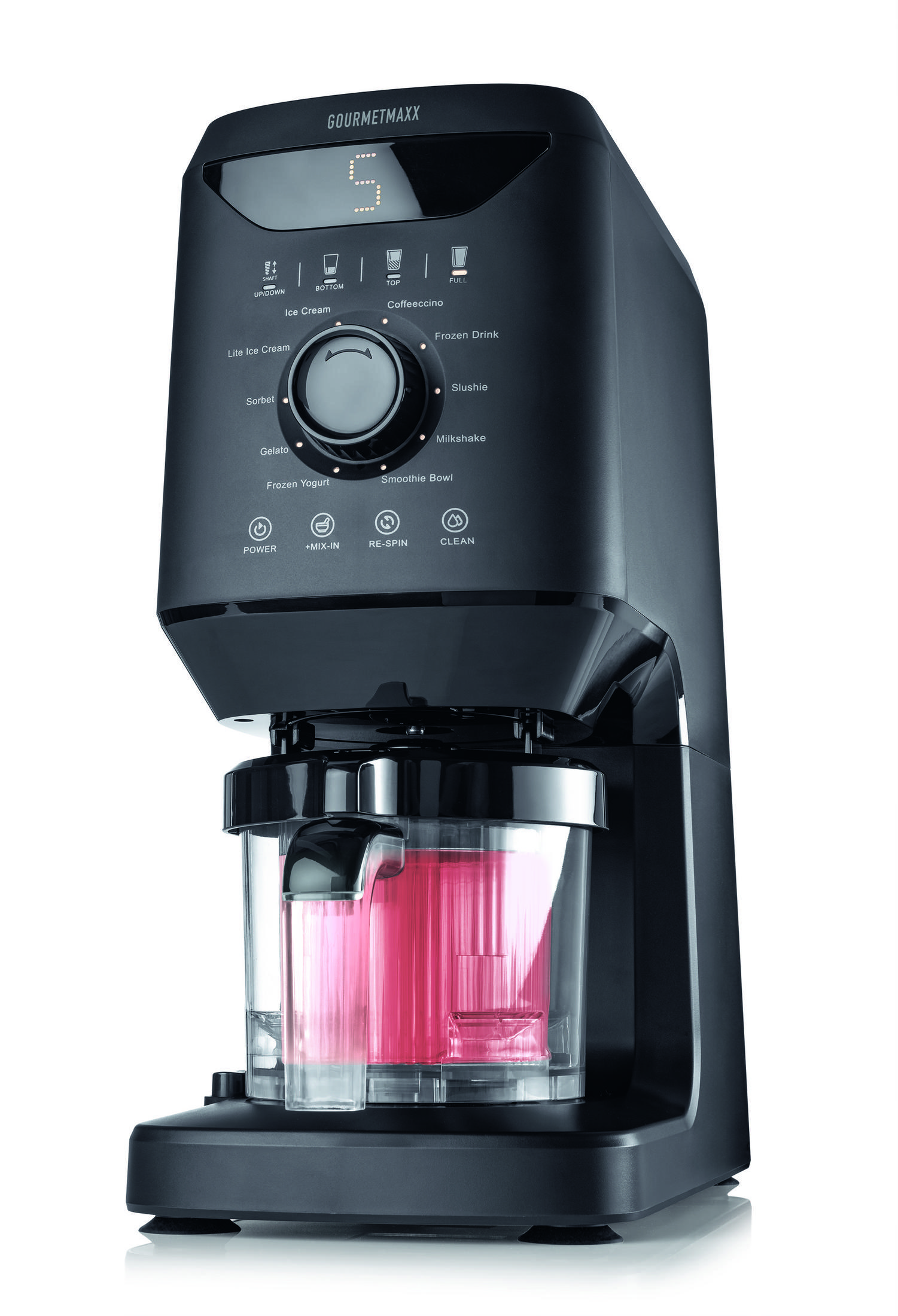 Schwarzer Gourmetmaxx Eismaker mit rotem Inhalt im Behälter und digitalen Bedienelementen.