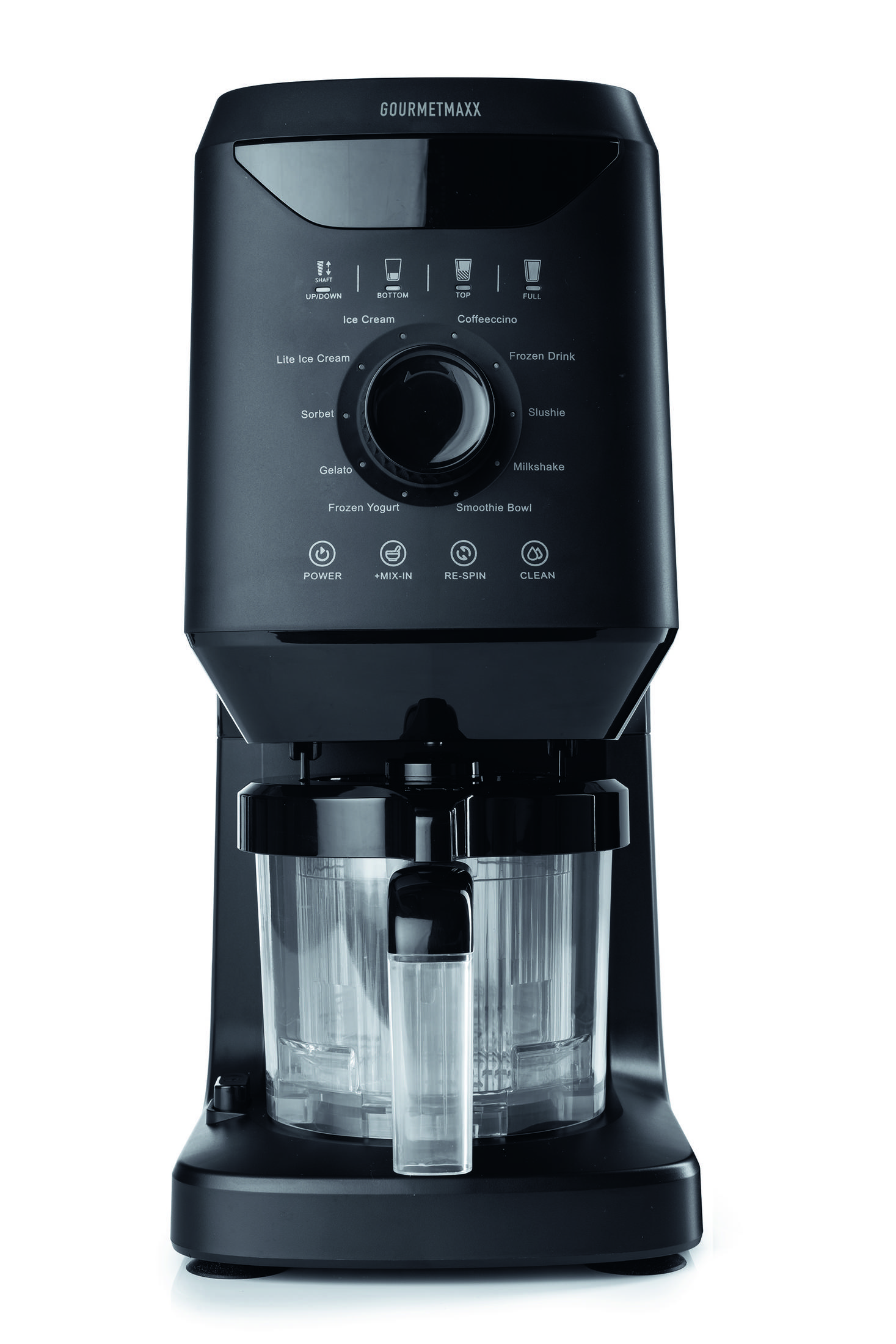 Ein schwarzer Gourmetmaxx Eismaschine mit Steuerelementen und Eisbehältern.