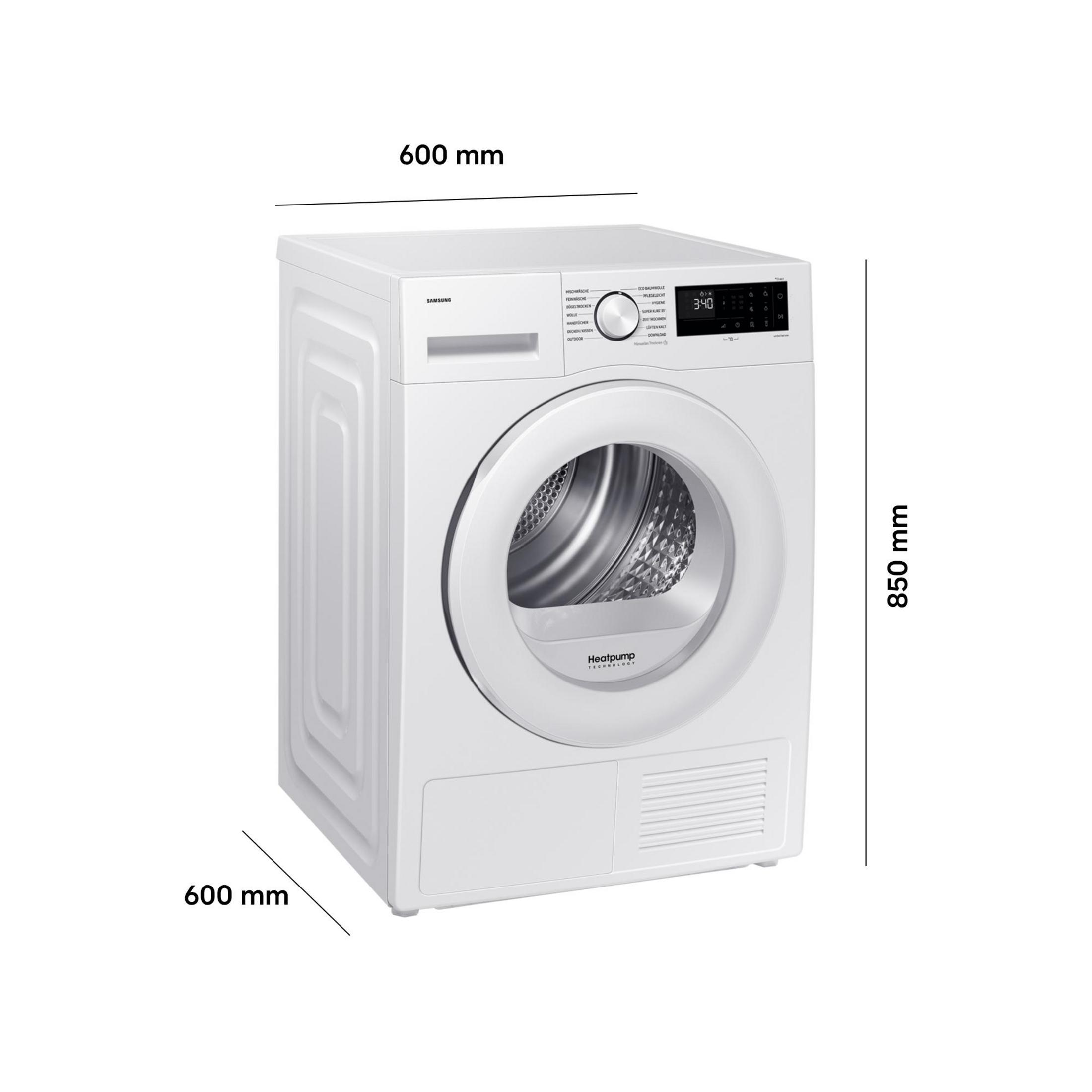 Weiße Samsung Wärmepumpentrockner, 60x60x85 cm, mit digitaler Anzeige.