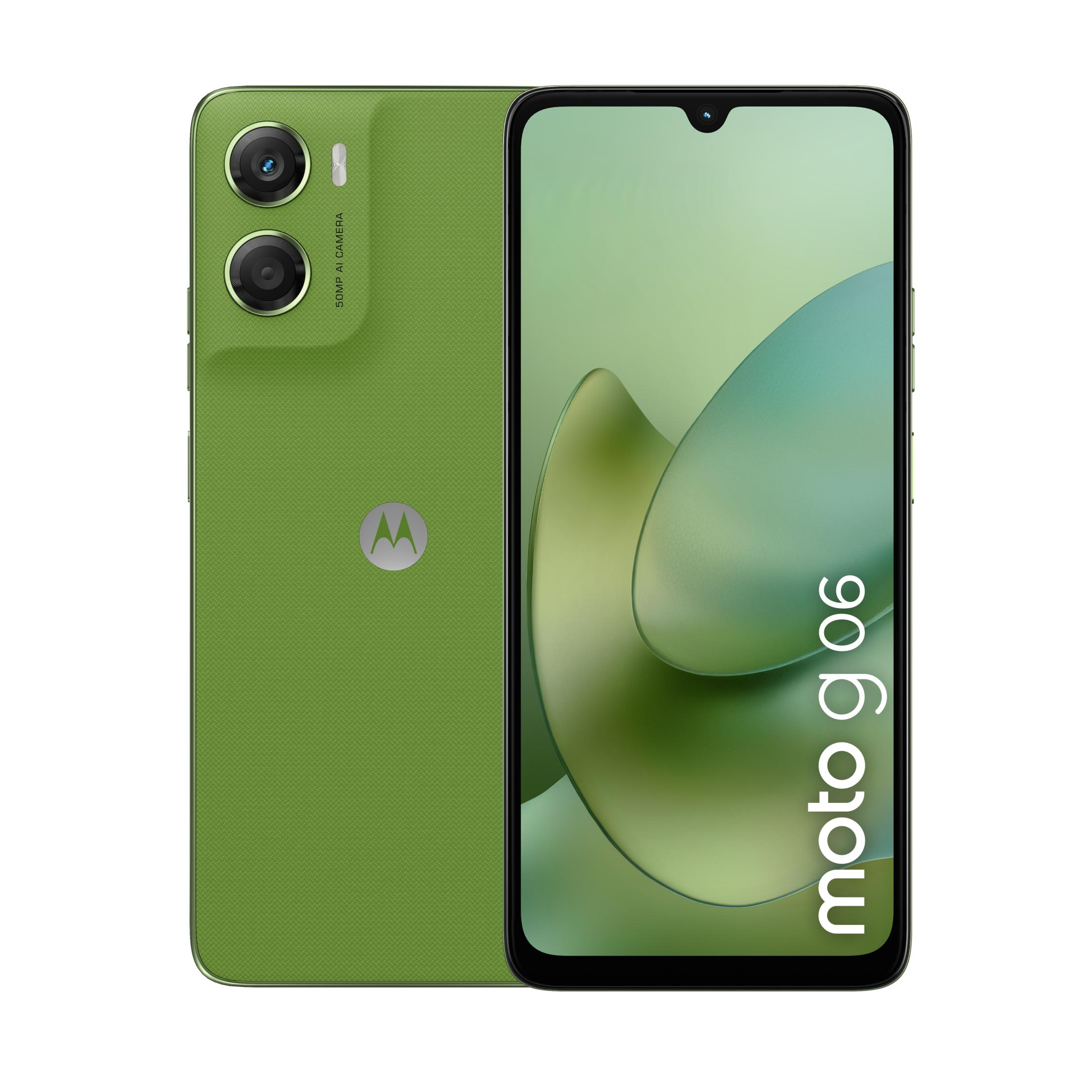 Teléfono Motorola Moto G06 verde con doble cámara trasera y parte trasera texturizada.