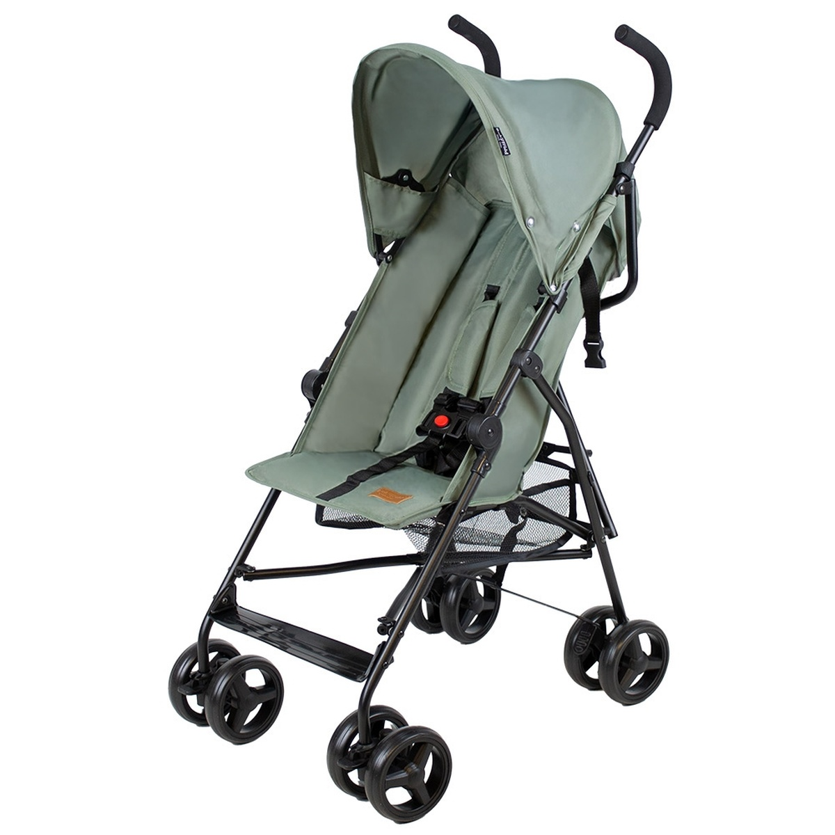 Ein leichter, grüner Kinderwagen mit schwarzem Gestell und Rädern.
