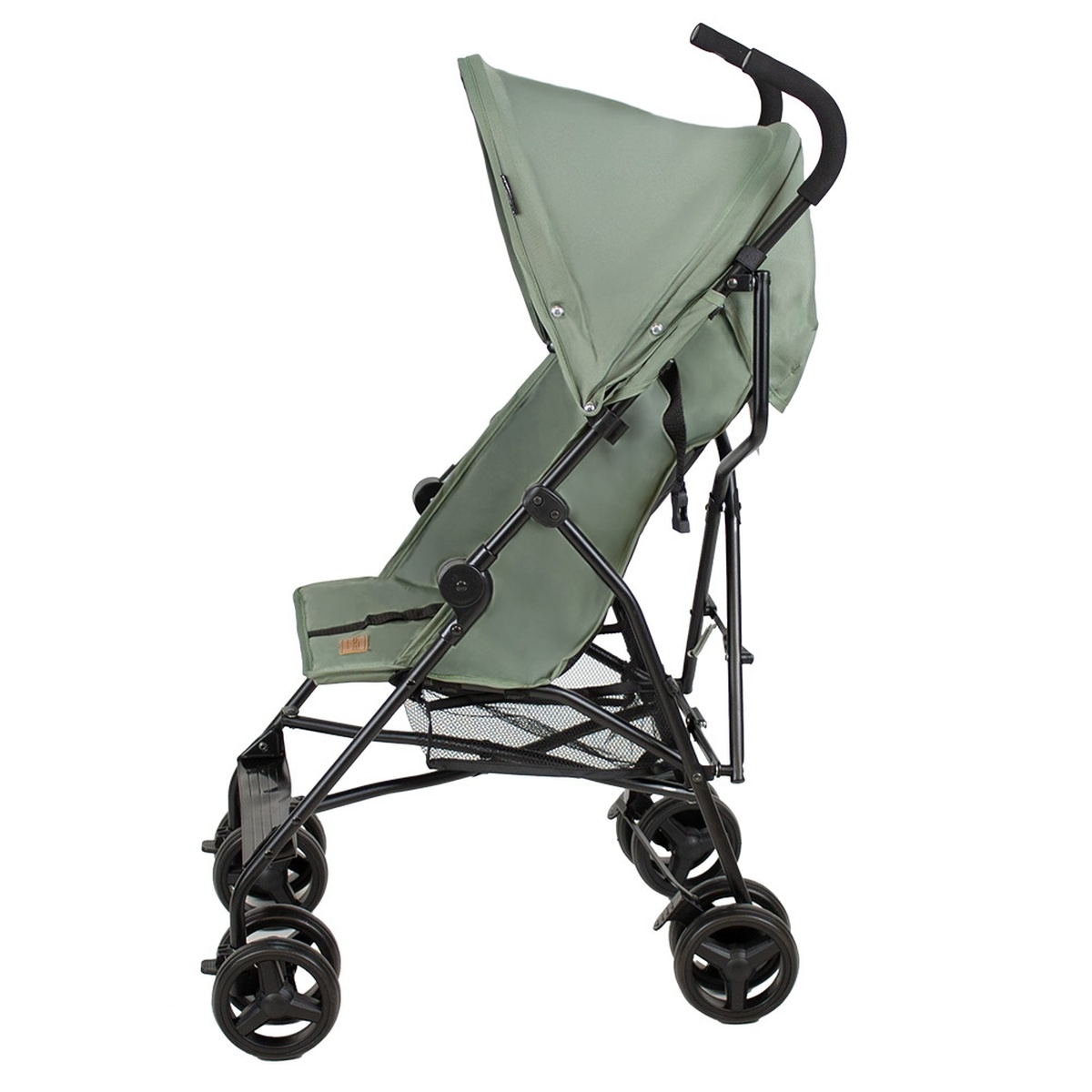 Ein leichter, grüner Kinderwagen mit schwarzem Rahmen und Verdeck.