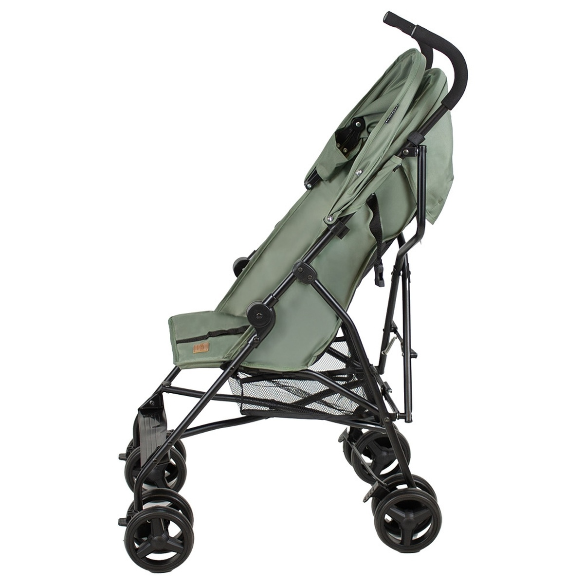 Ein leichter, grüner Kinderwagen mit schwarzem Rahmen und vier Rädern.