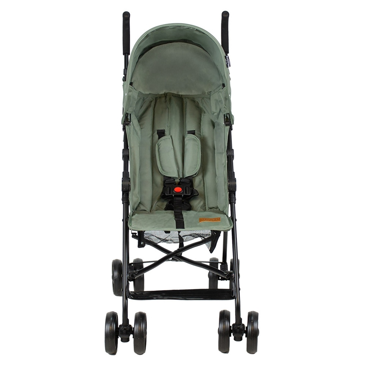 Ein grüner Kinderwagen mit schwarzem Rahmen und Rädern, mit Fünfpunktgurt.