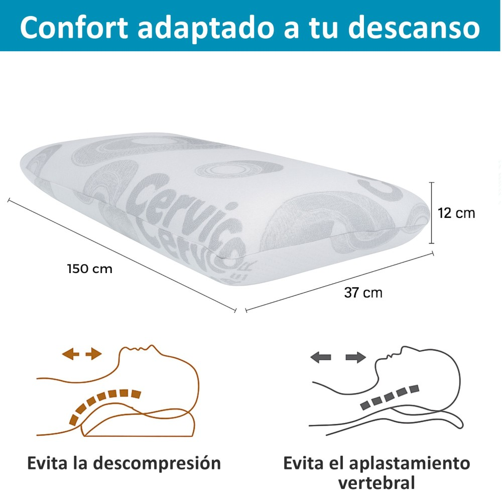 Una almohada blanca con patrones grises, 150x37x12 cm, muestra buena postura.