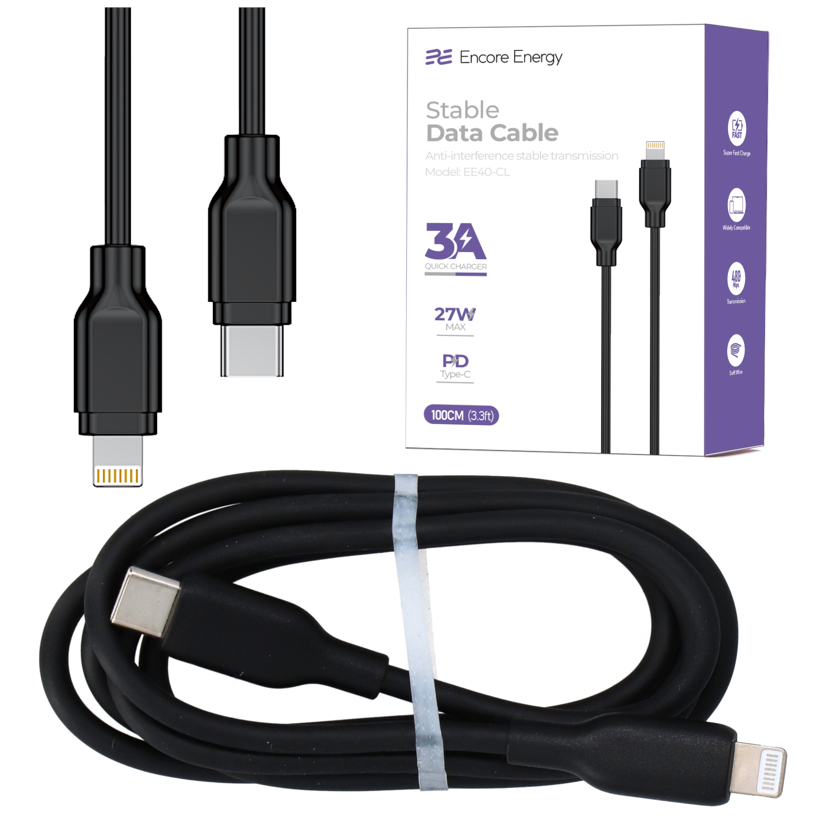 Czarny kabel danych USB-C do Lightning, długość 100cm, z opakowaniem.