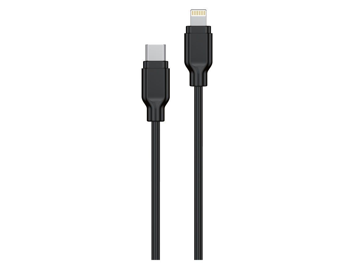 Czarny kabel USB-C do Lightning z złączami na białym tle.